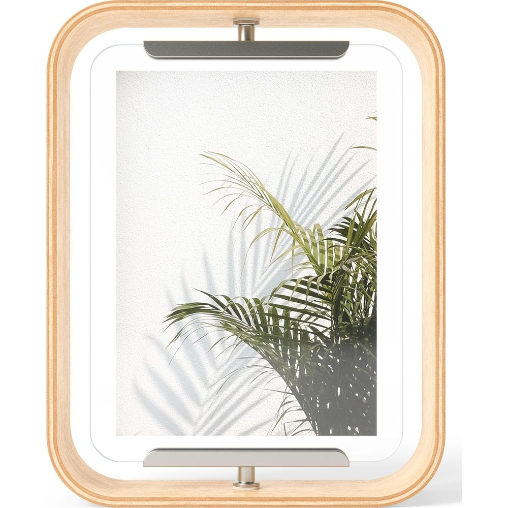 Cadre en bois avec plante verte et ombre sur mur blanc.
