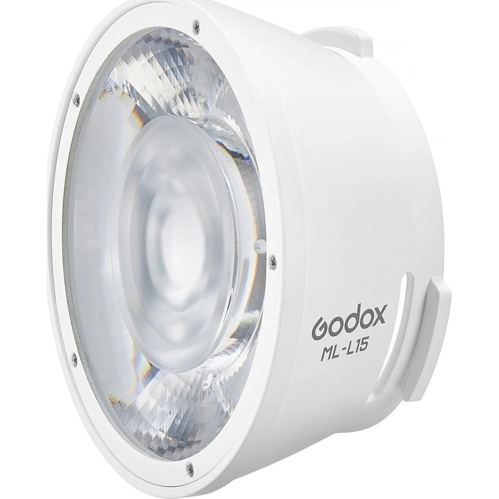 Un projecteur blanc Godox ML-L15 avec un insert de lentille transparent.