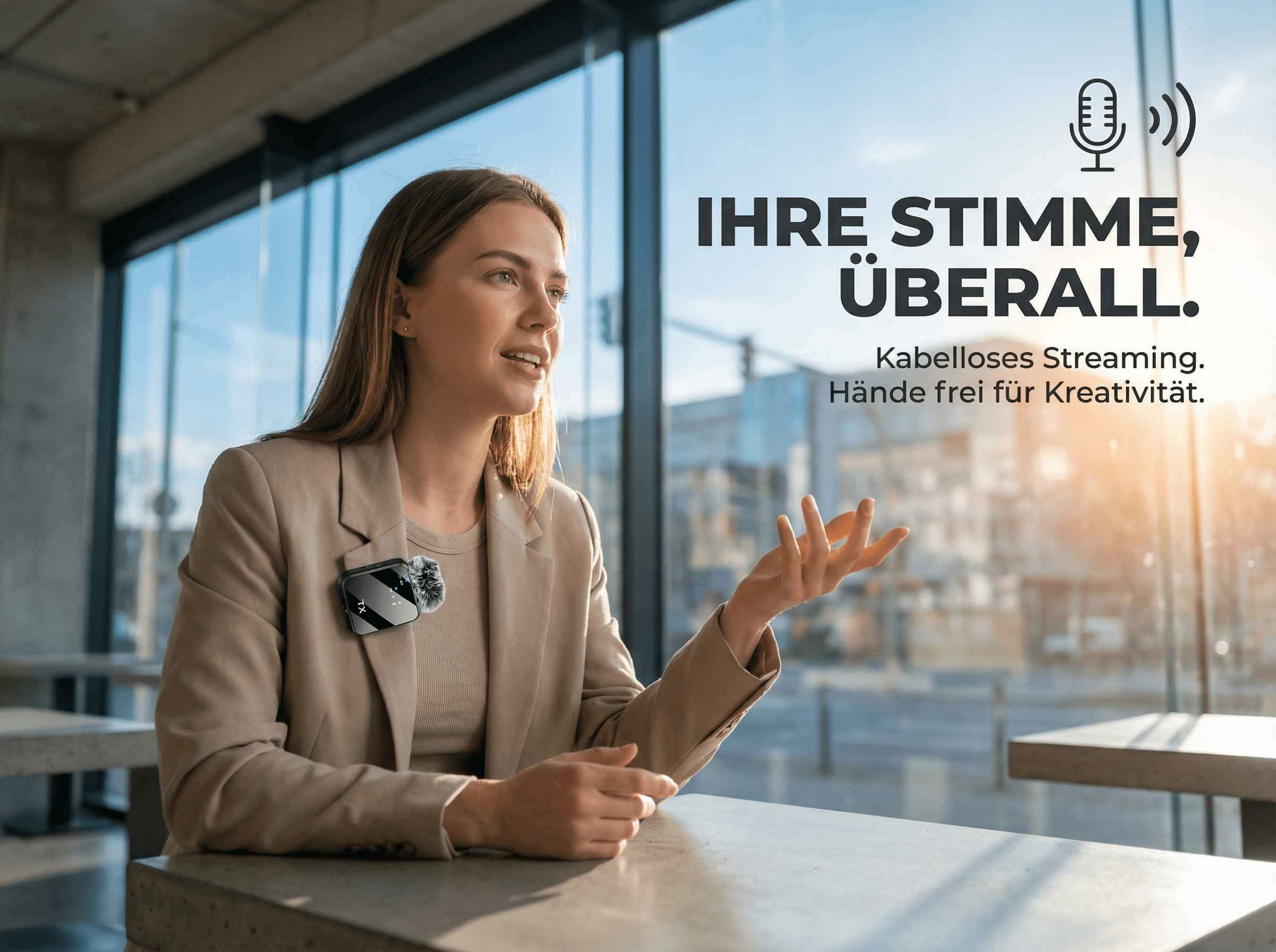 Frau mit Ansteckmikrofon spricht im Büro, mit Text und Mikrofon-Symbol.