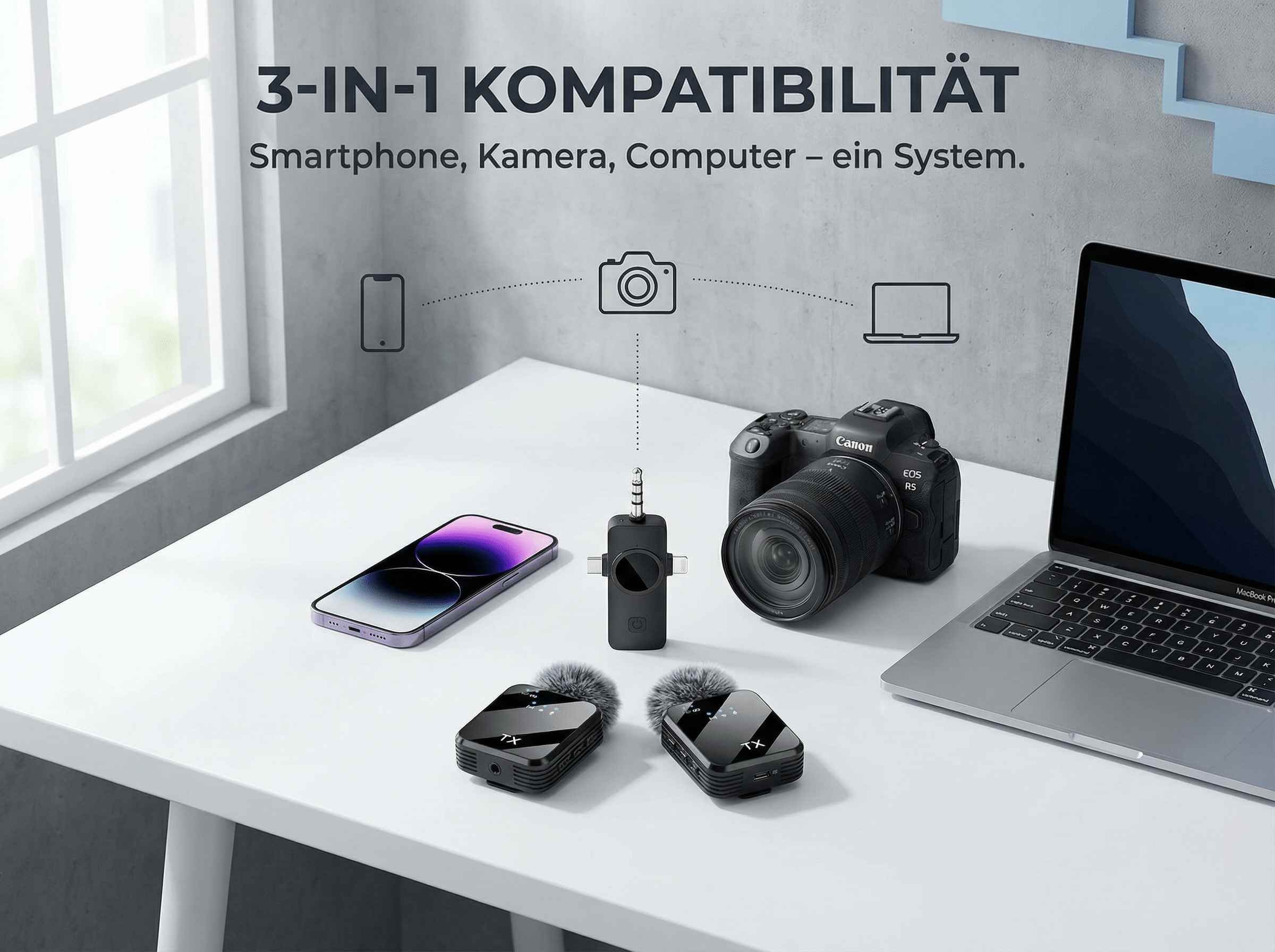 Ein Smartphone, eine Kamera, ein Laptop und Zubehör liegen auf einem Tisch.