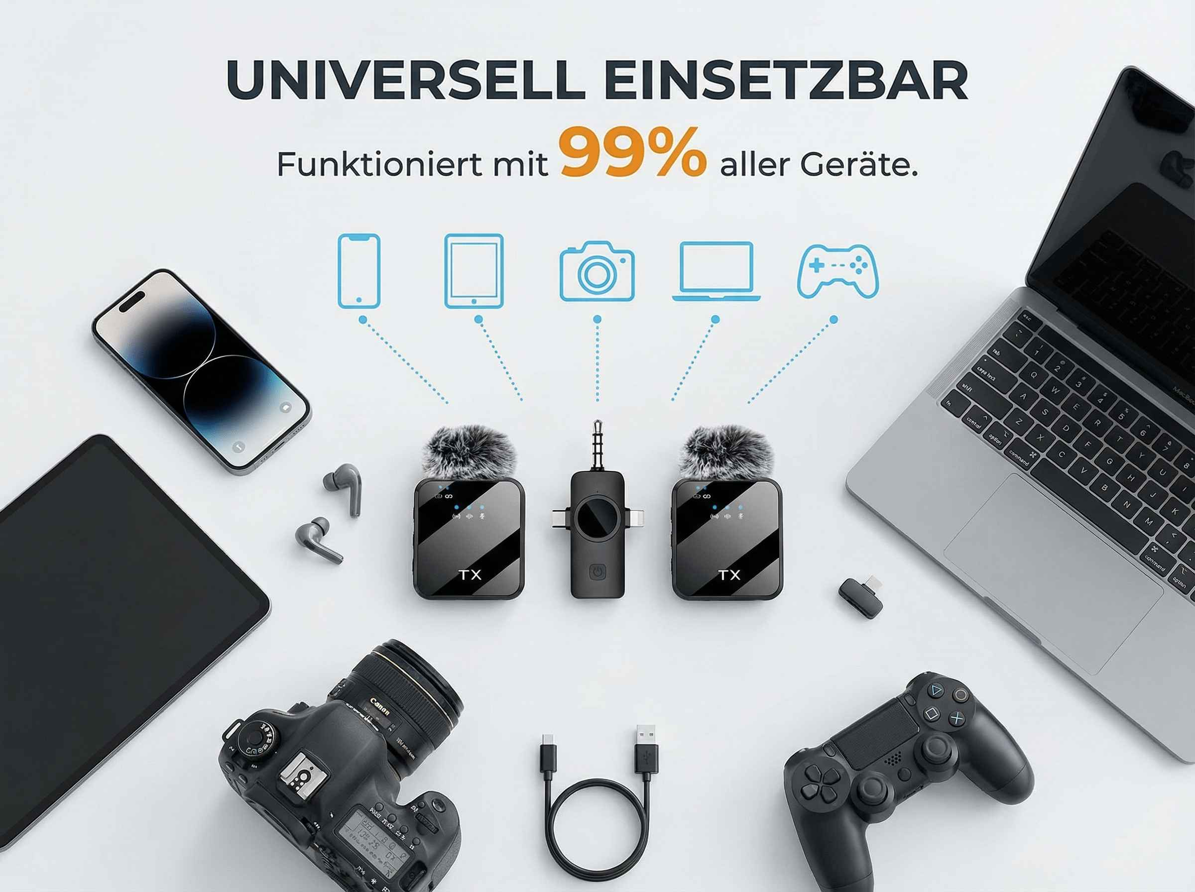 Elektronikgeräte: Laptop, Kamera, Handy, Controller, Mikrofone und Kabel.