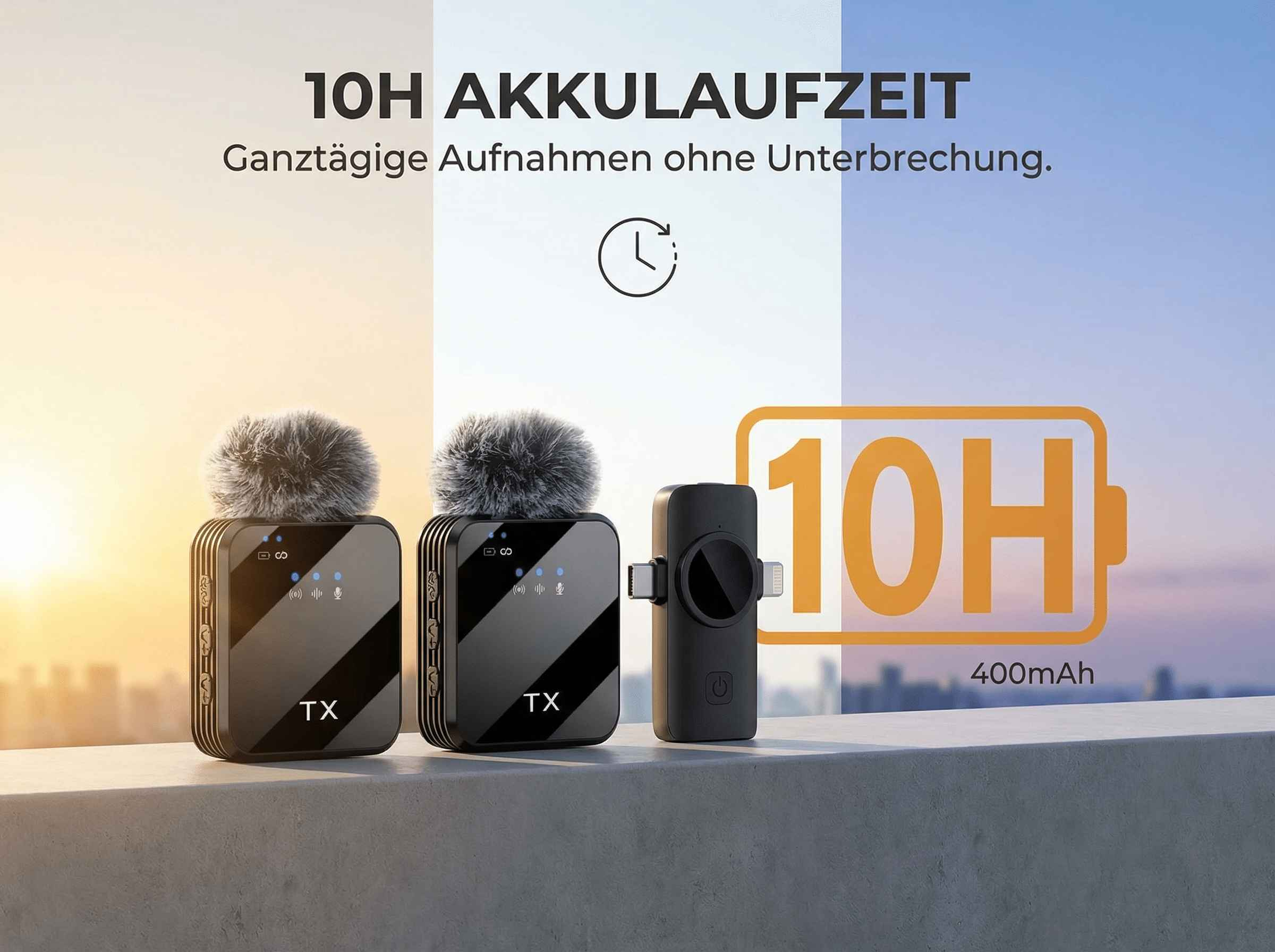Drei schwarze Funkmikrofone mit Fellwindschutz, eine mit USB-C und Lightning-Anschluss.