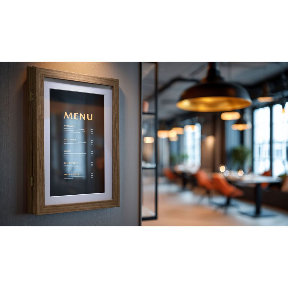 Un menu dans un cadre en bois sur un mur, avec un restaurant en arrière-plan.