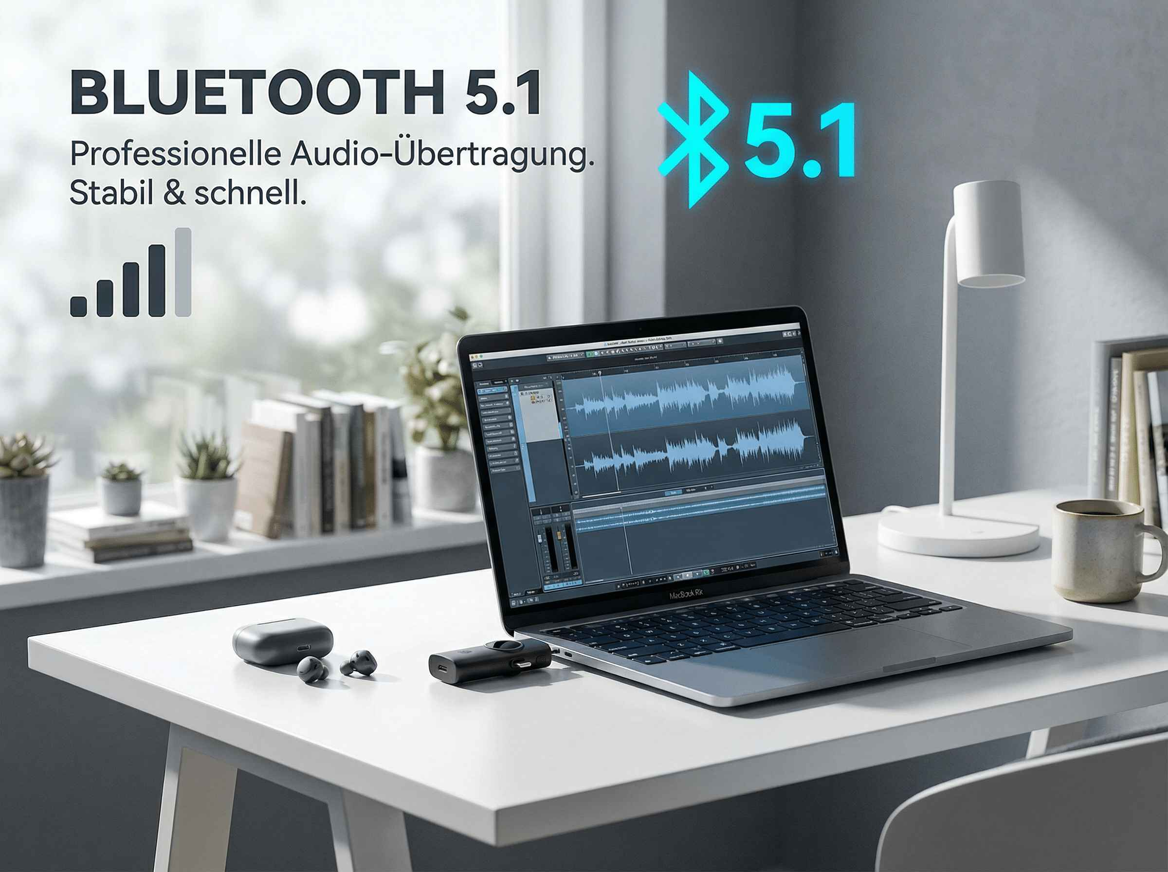 Ein Laptop mit Audio-Software, Bluetooth-Kopfhörer und ein USB-Sender auf einem Schreibtisch.