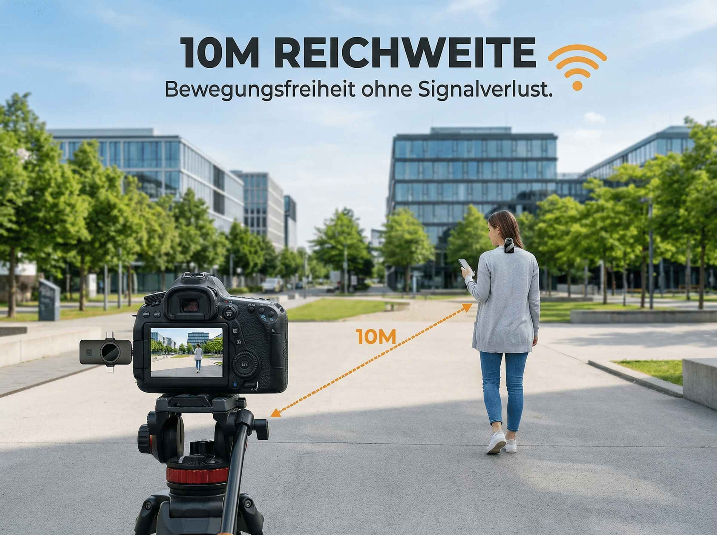 Kamera auf Stativ filmt Frau mit Handy. Text: 10M Reichweite.