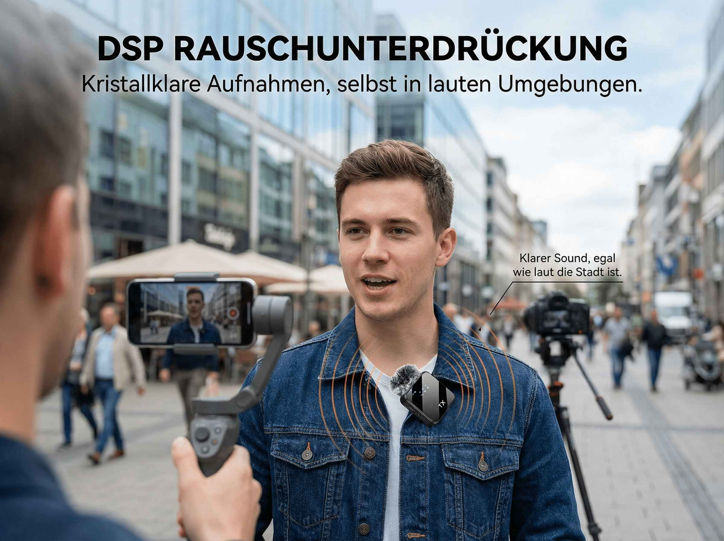 Ein Mann mit Mikrofon und Jeansjacke wird gefilmt, während er spricht.