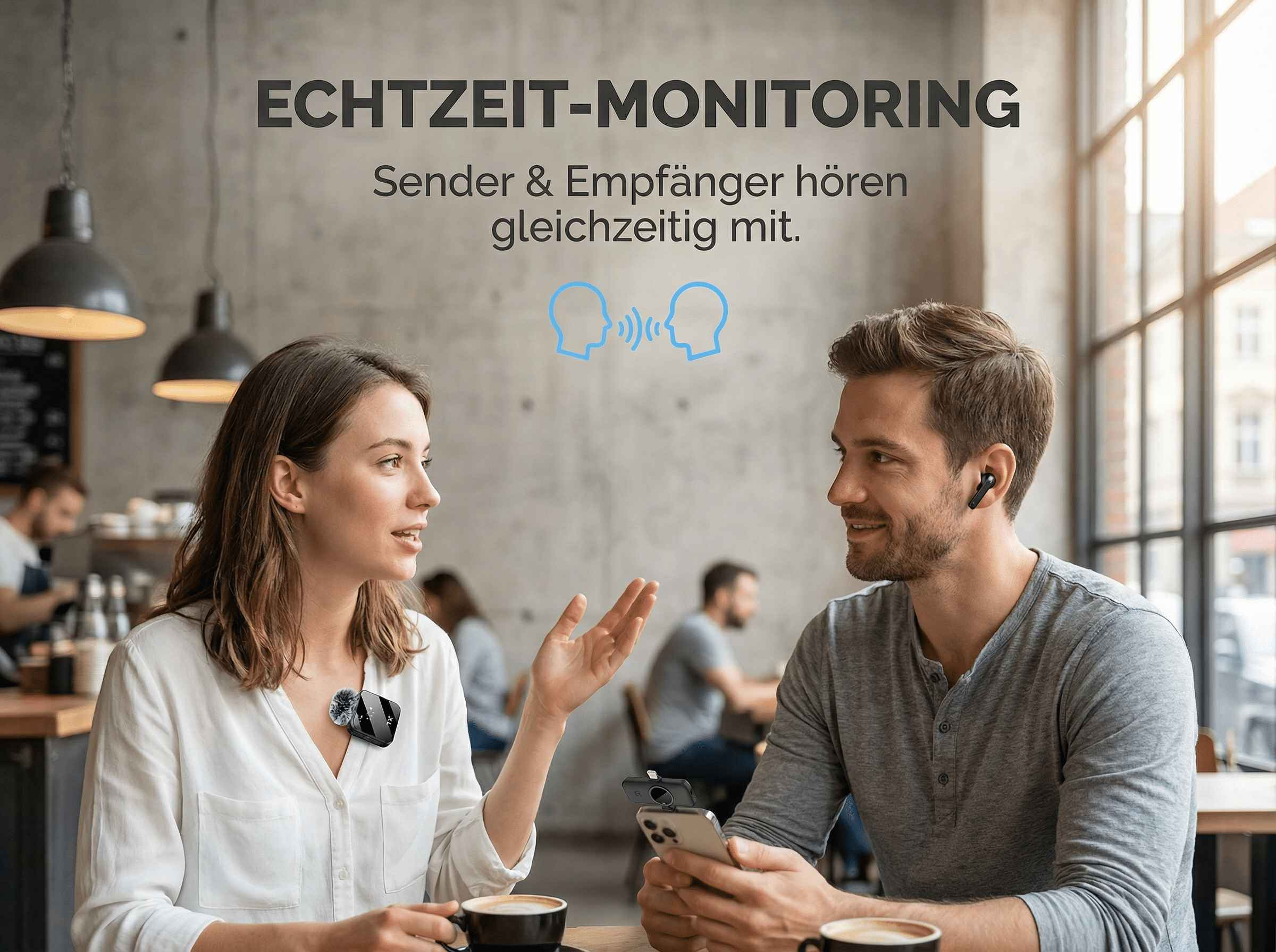 Ein Mann und eine Frau sitzen sich in einem Café gegenüber und sprechen.