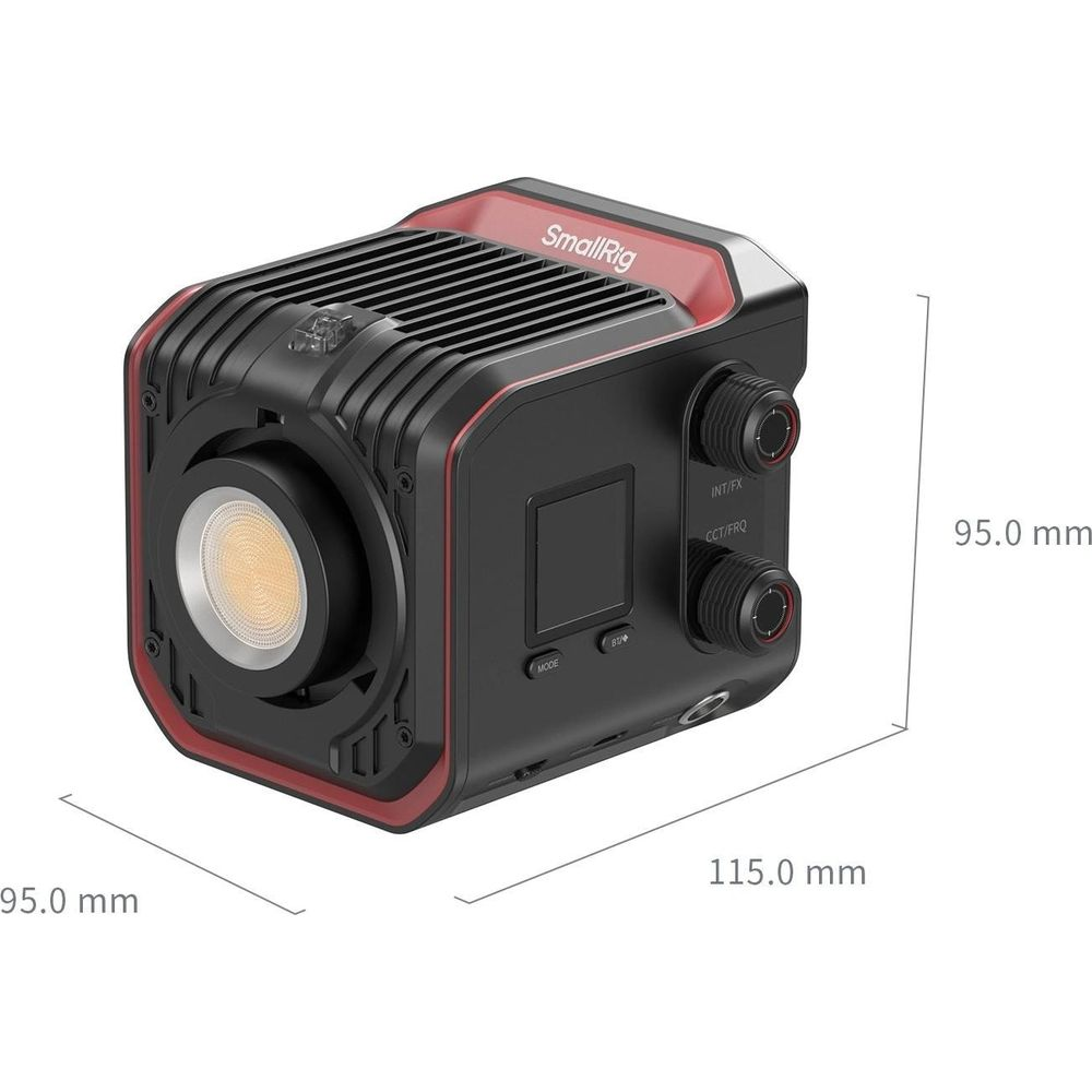 Lumière LED SmallRig avec boutons, écran et dimensions 95x95x115mm.