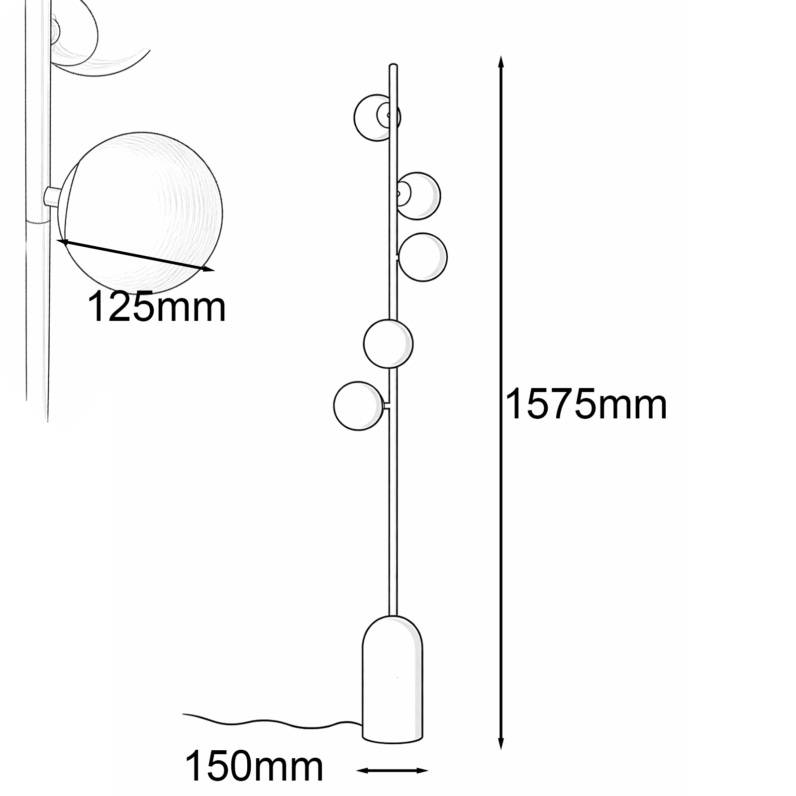 Dibujo técnico de una lámpara de pie, altura 1575mm, diámetro bola 125mm, base 150mm.