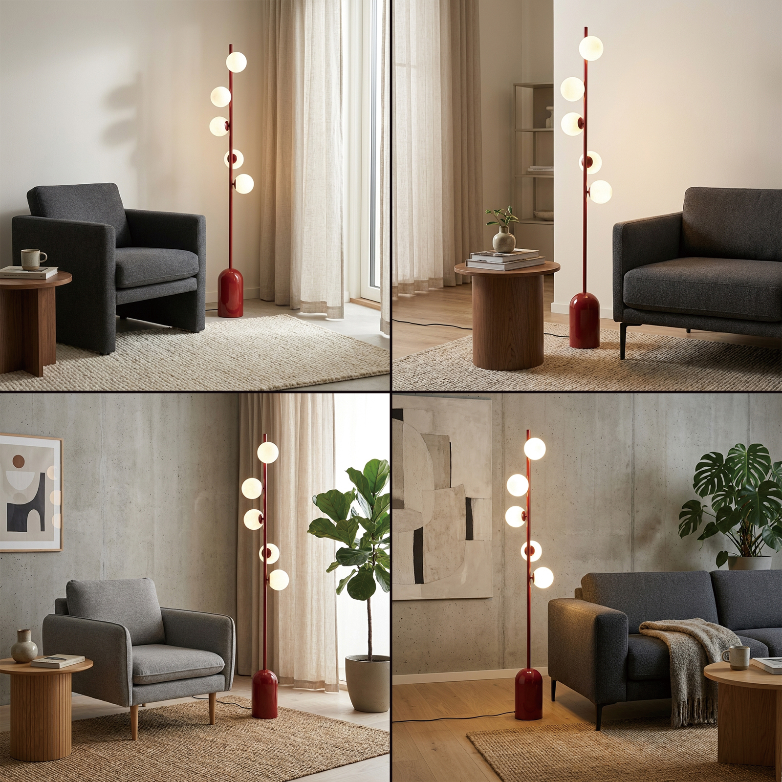 Una lámpara de pie roja con cinco luces esféricas junto a un sillón.