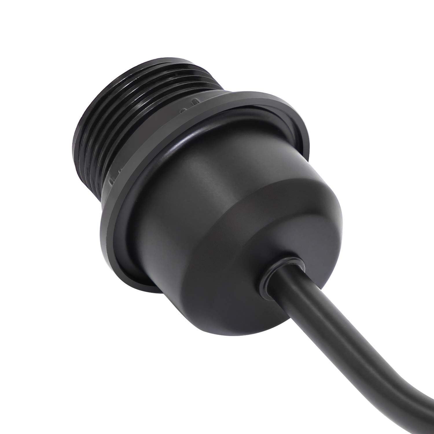 Un portalámparas negro con conexión roscada y cable.