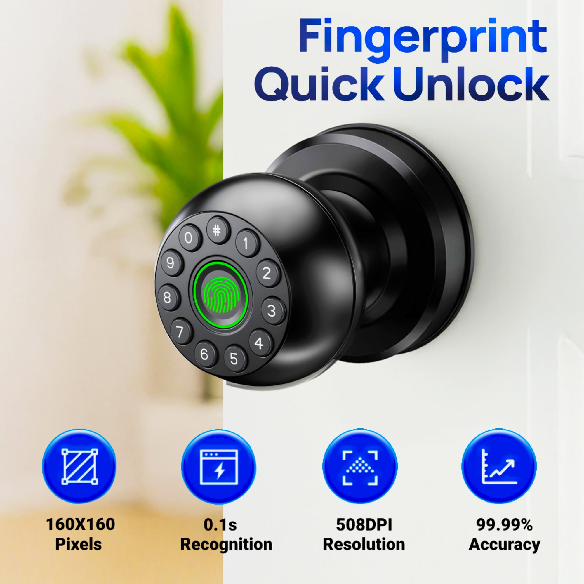 Schwarzer Türknauf mit Ziffern und Fingerabdrucksensor. "Fingerprint Quick Unlock"