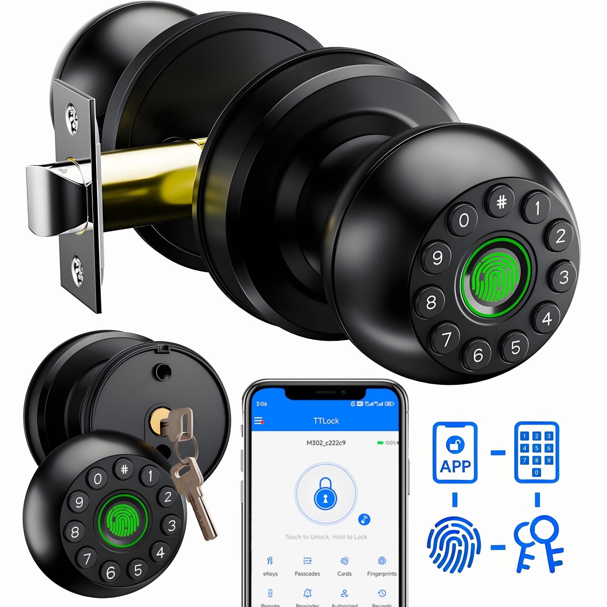 Schwarzer Türknauf mit Ziffernblock, Fingerabdrucksensor und Schlüssel, daneben ein Smartphone mit App.