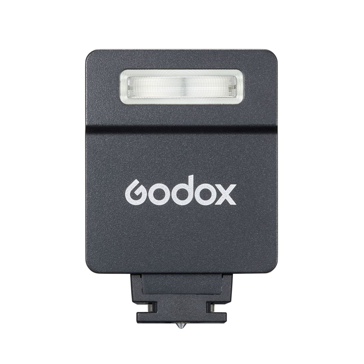 Unité flash Godox gris foncé avec une lumière blanche en haut et un logo argenté.