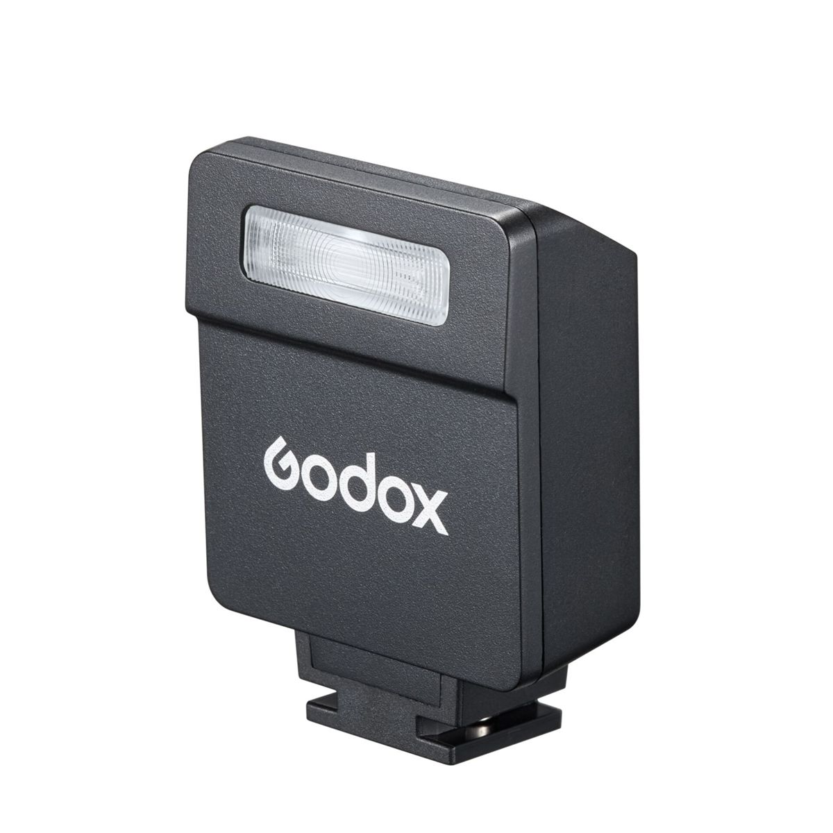 Flash Godox noir compact avec logo blanc sur fond blanc.