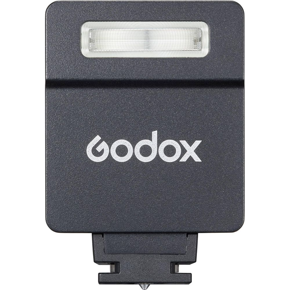 Un adaptateur de sabot Godox noir avec une fente lumineuse en haut.