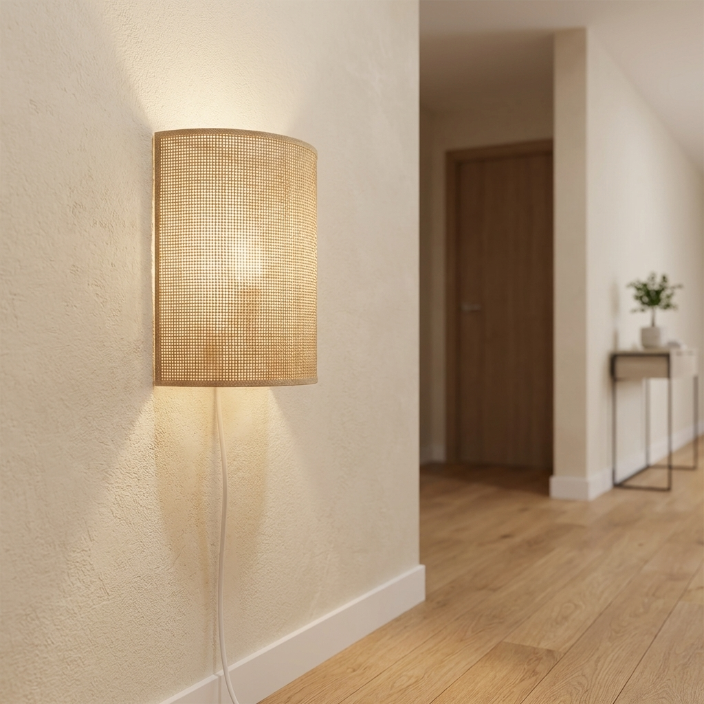 Una lámpara de pared con pantalla tejida ilumina una pared junto a un suelo de madera.