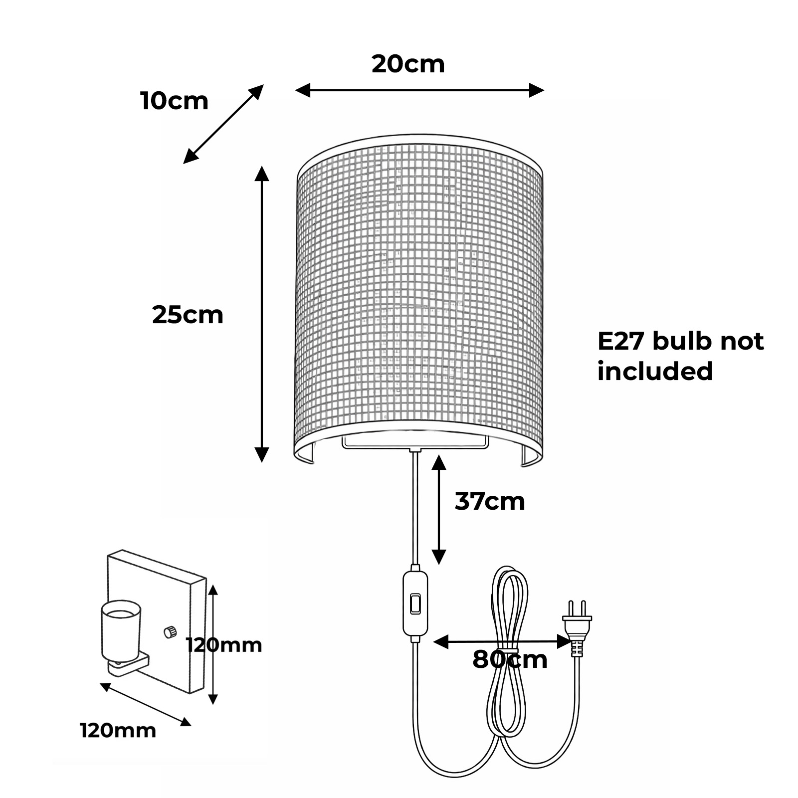 Diagrama muestra dimensiones de lámpara: 20cm ancho, 25cm alto, 10cm profundo. Incluye cable, interruptor, enchufe, soporte pared.