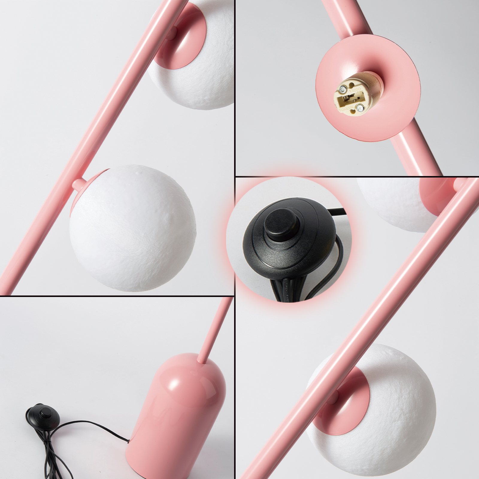 Una base de lámpara rosa con esferas blancas y un interruptor de pie.