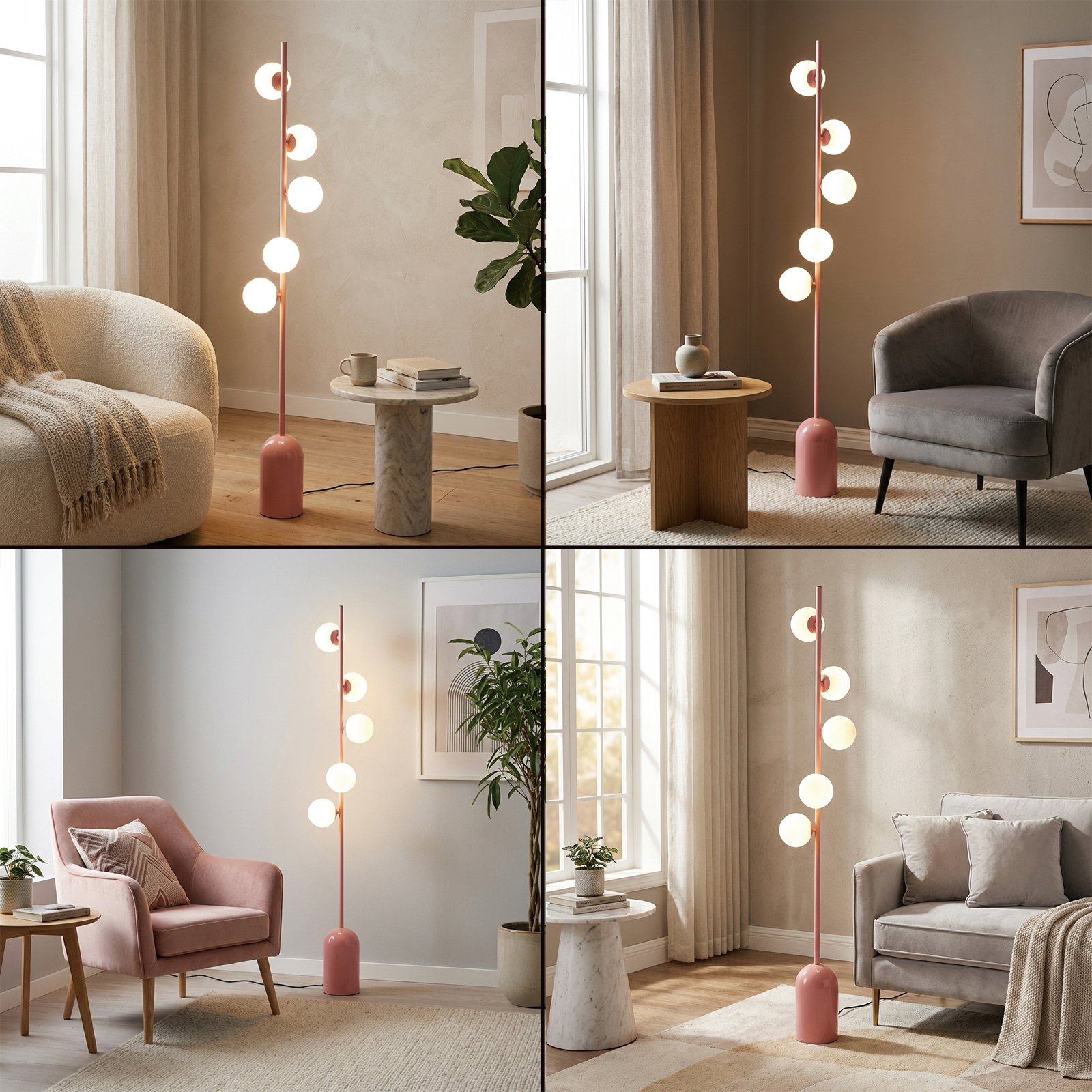 Una lámpara de pie rosa con cinco esferas junto a un sillón y una mesa auxiliar.