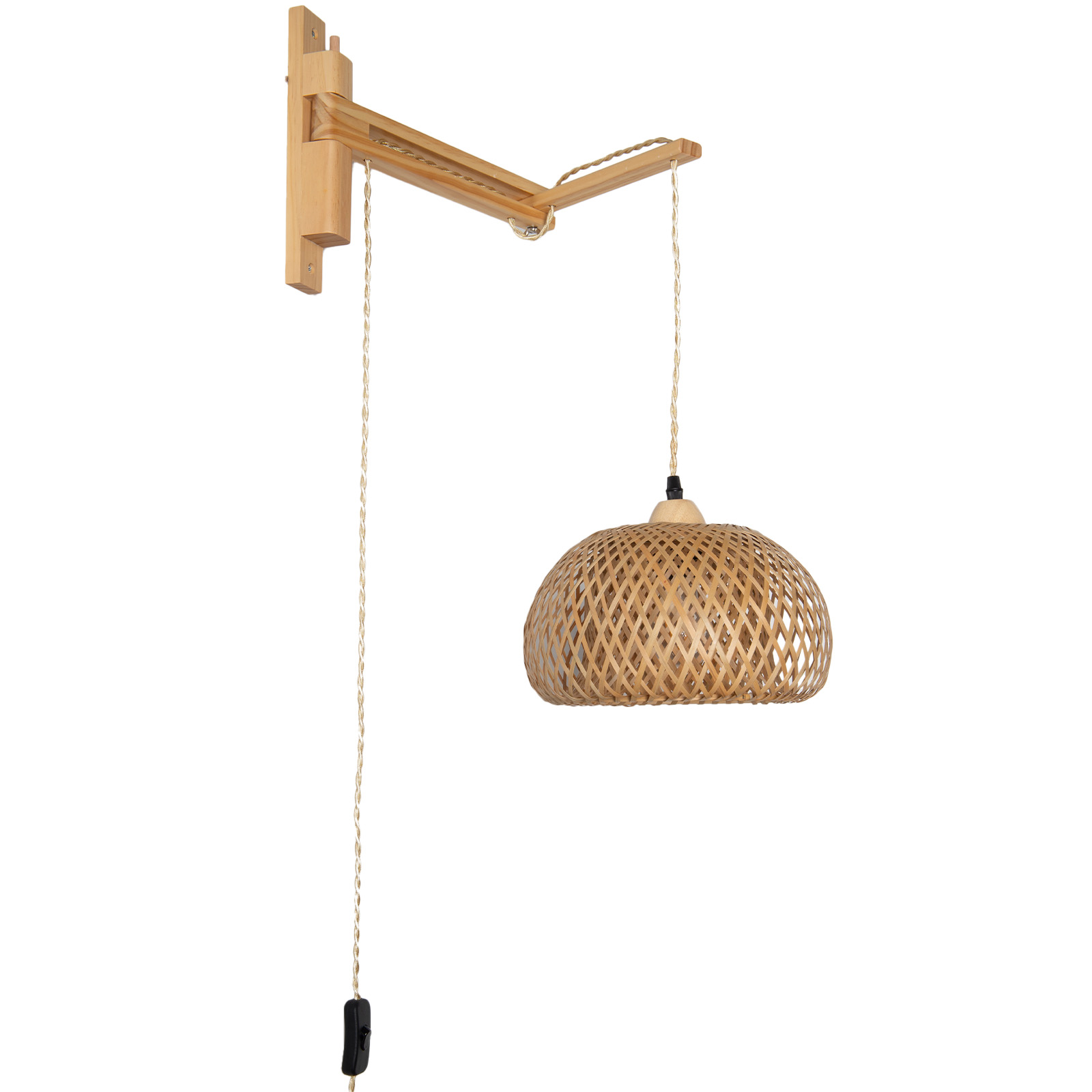 Un brazo de pared de madera ajustable con pantalla de bambú tejida y un interruptor negro.