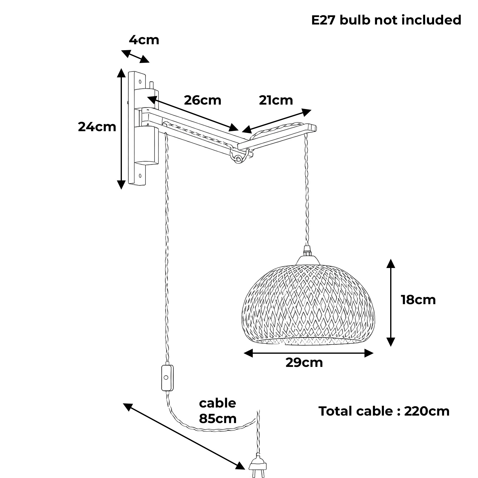 Dibujo técnico de una lámpara de pared con dimensiones para el brazo (26cm, 21cm), cable (85cm, 220cm) y pantalla (29cm, 18cm).