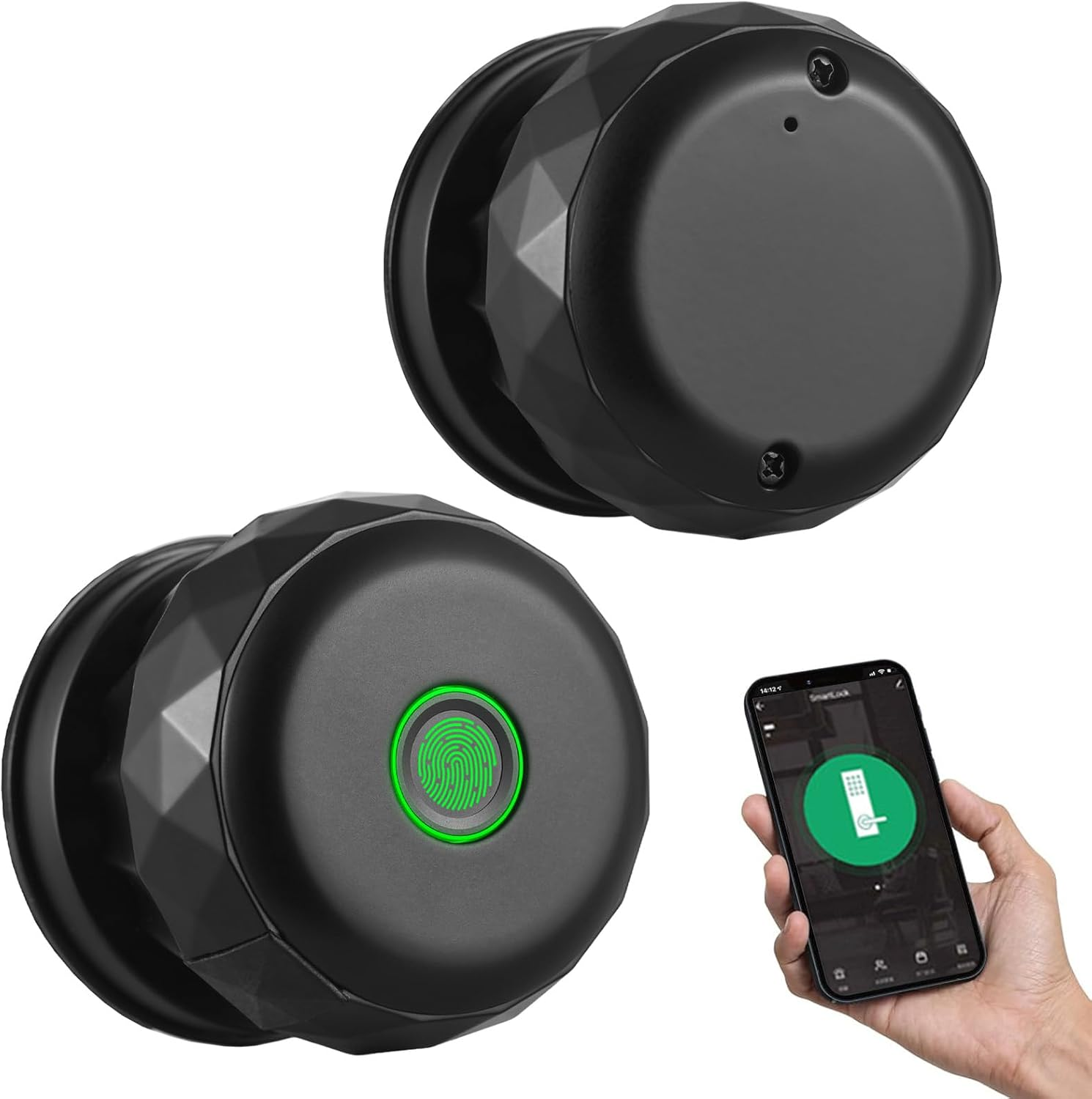Schwarzer Türknauf mit Fingerabdrucksensor und Smartphone-App zur Steuerung.