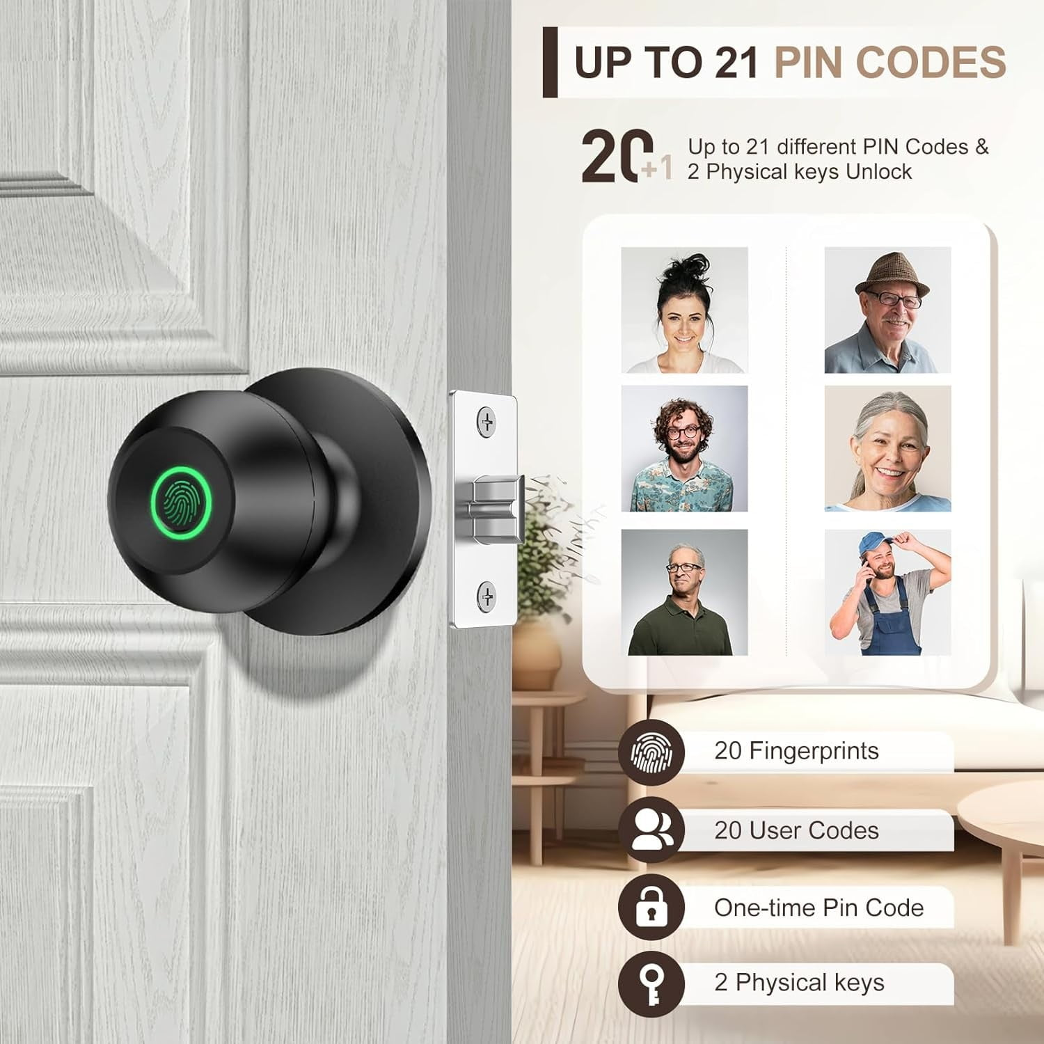 Schwarzer smarter Türknauf mit Fingerabdrucksensor, bis zu 21 PINs.