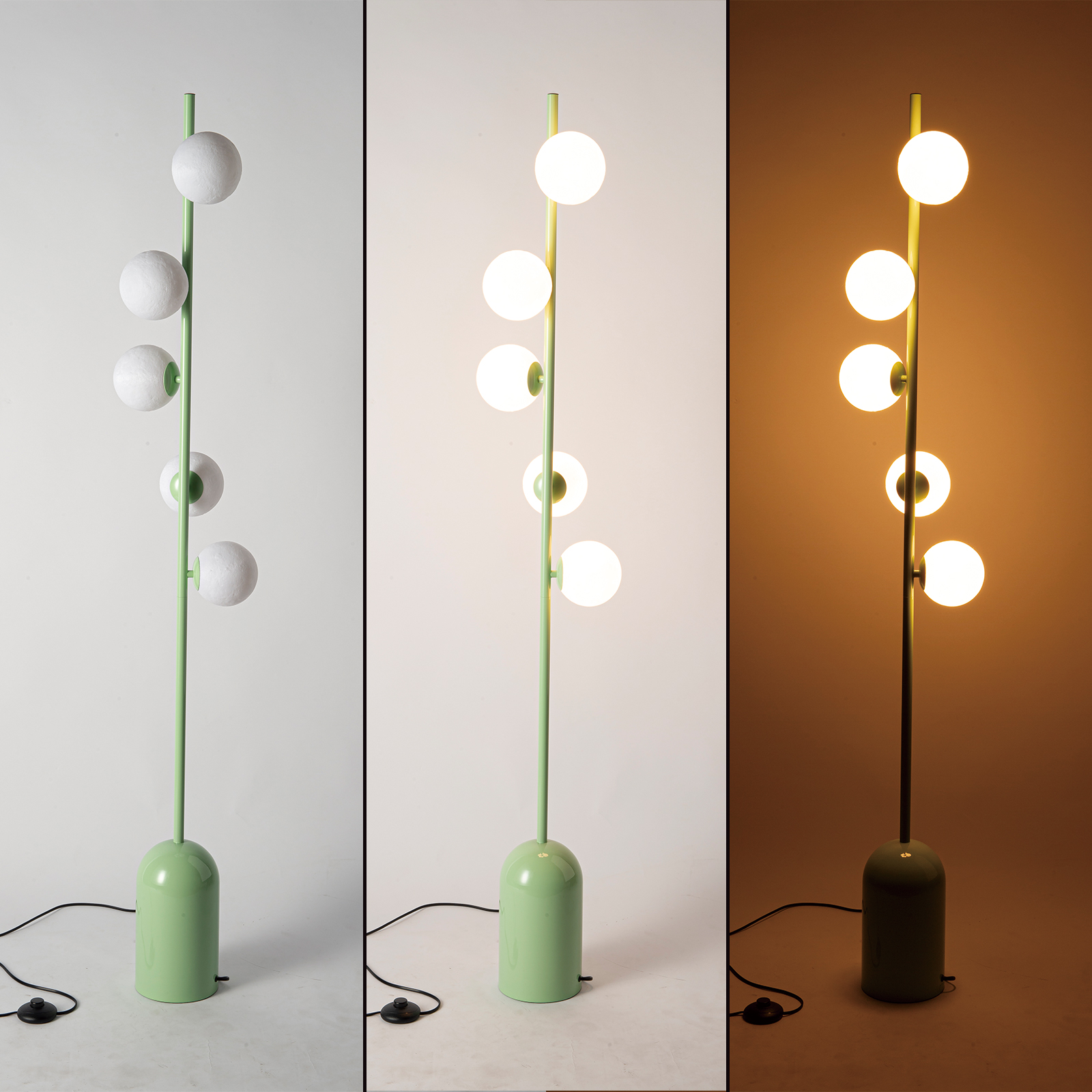 Una lámpara de pie verde con cinco esferas en tres condiciones de luz.