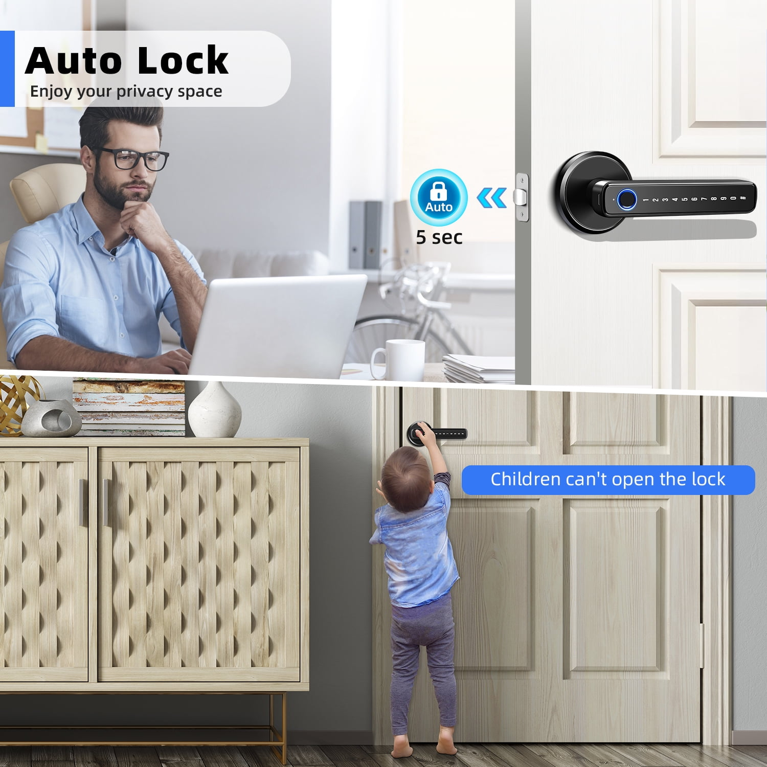 Mann am Laptop, Kind versucht Schloss zu öffnen, Smart Lock an Tür.