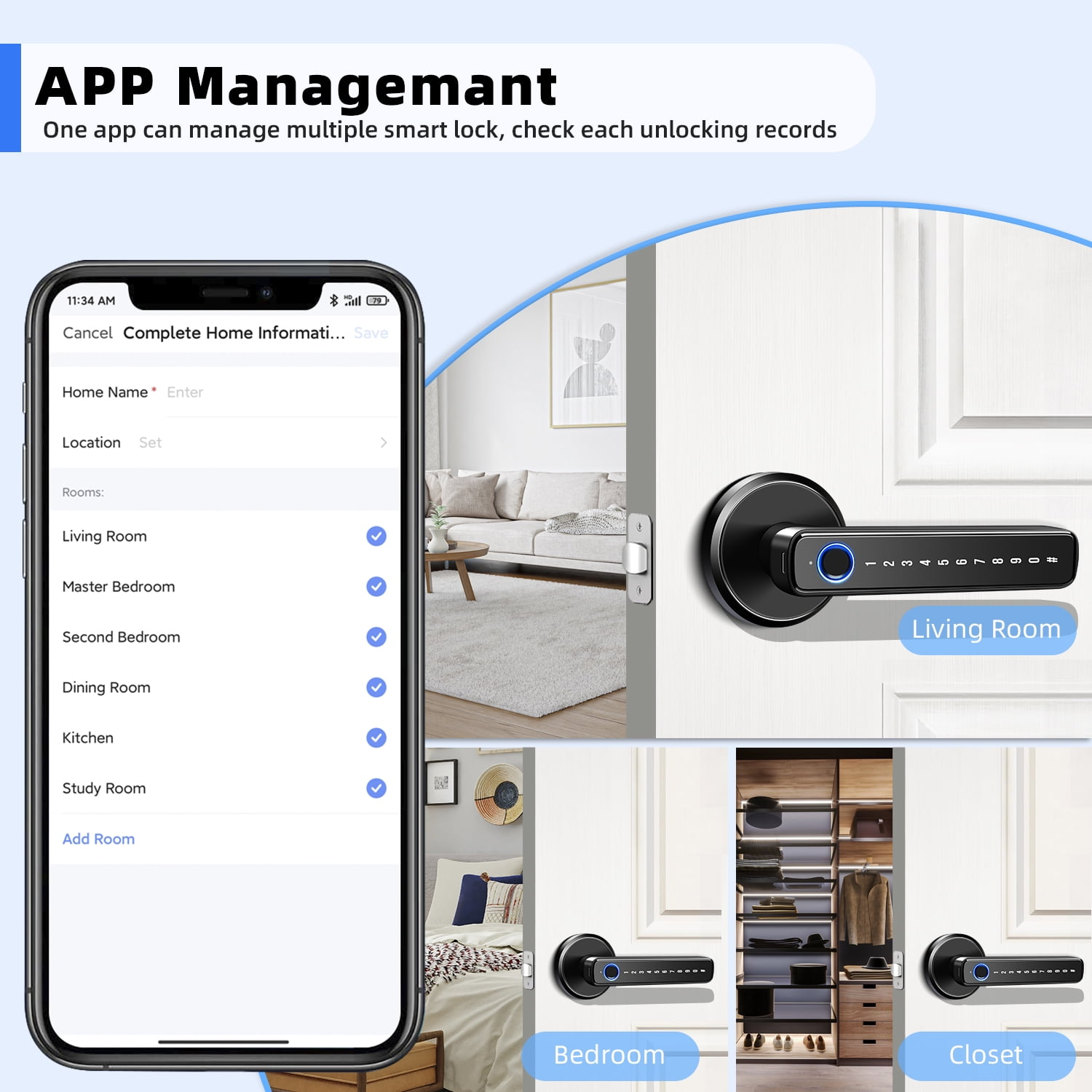 App-Verwaltung: Smartphone zeigt Raumliste für Smart Locks. Türgriffe und begehbarer Kleiderschrank.