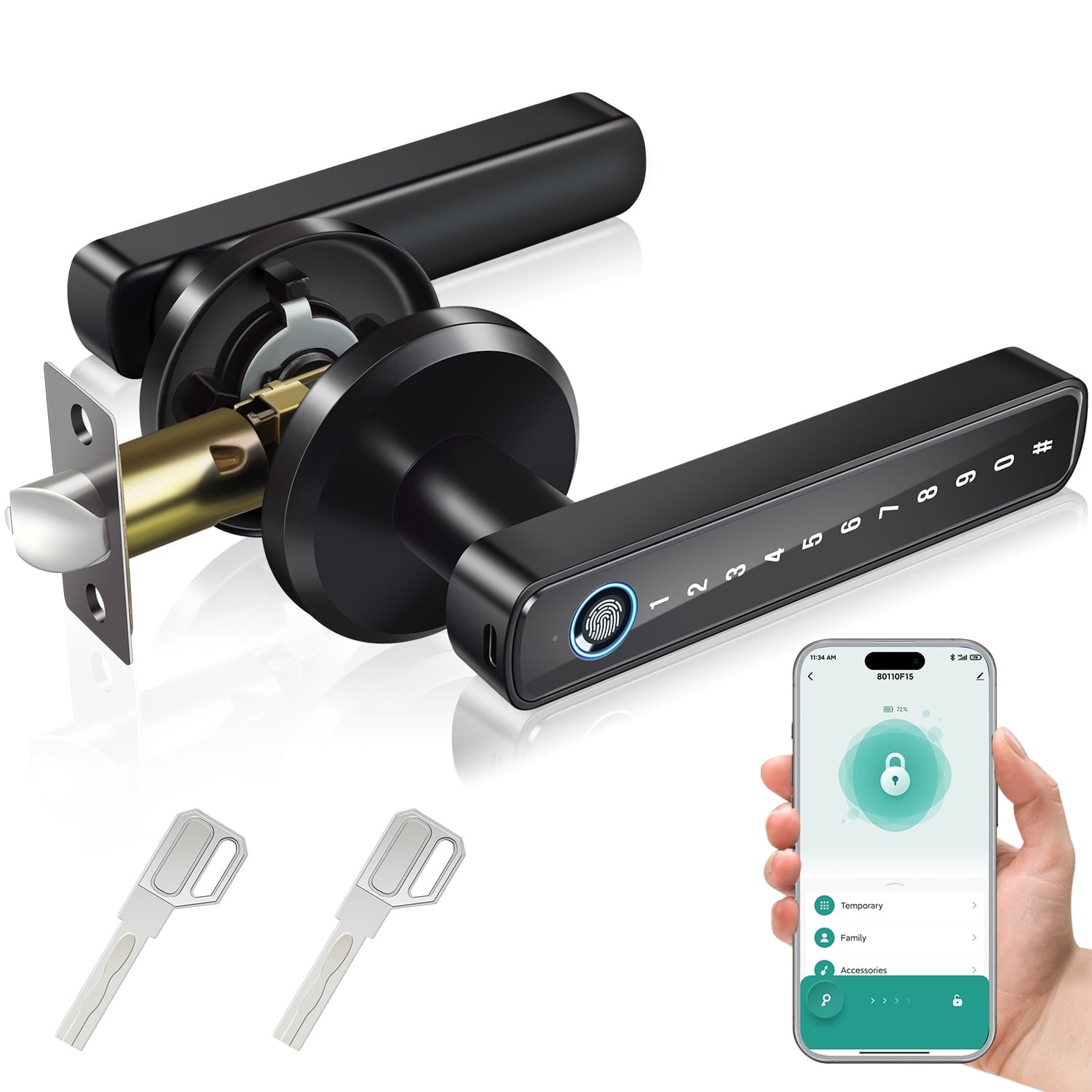 Schwarzer smarter Türgriff mit Fingerabdruck und Tastatur, zwei Schlüsseln und App-Steuerung.
