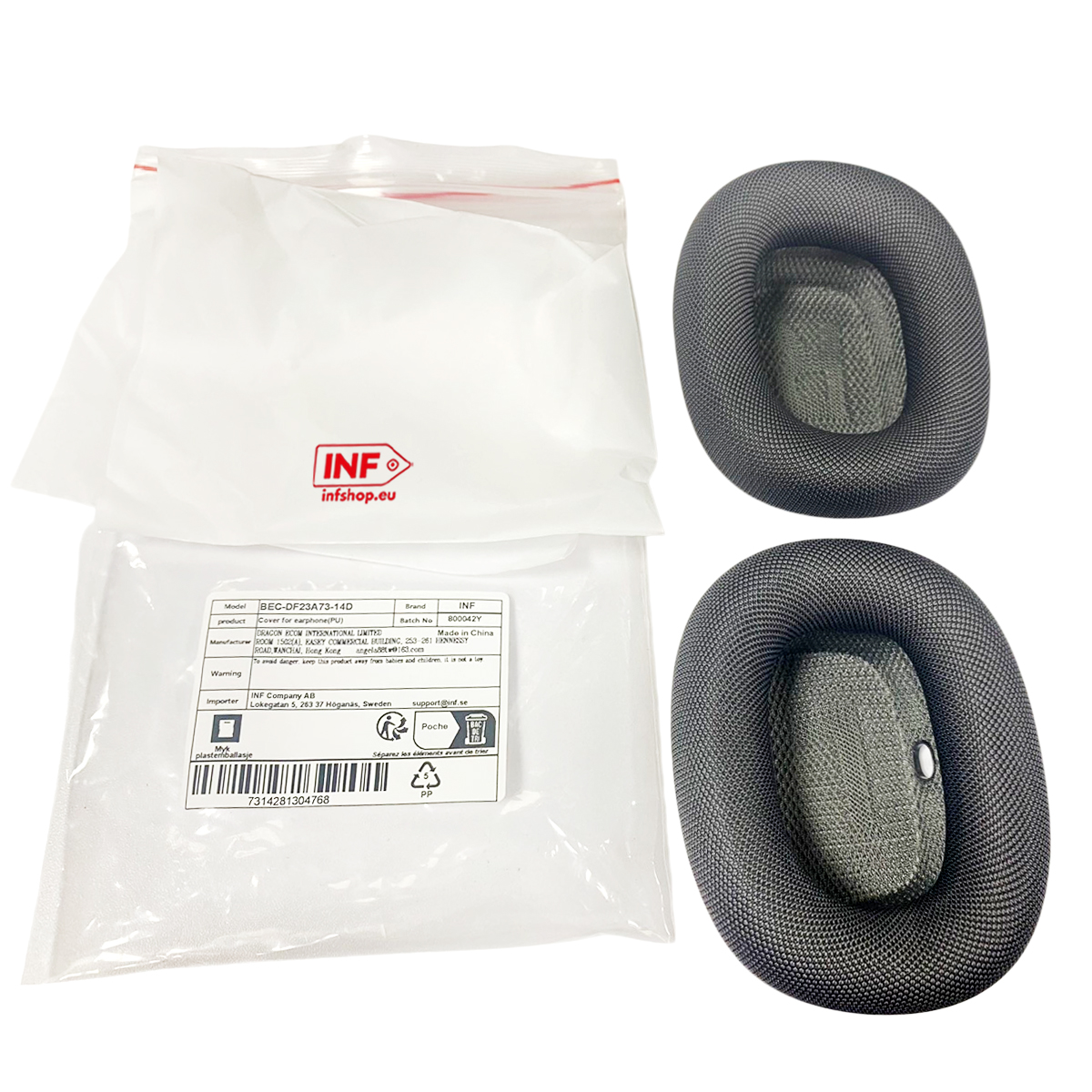 Ein verpacktes Paar Ohrpolster und zwei einzelne schwarze Ohrpolster auf weißem Hintergrund.