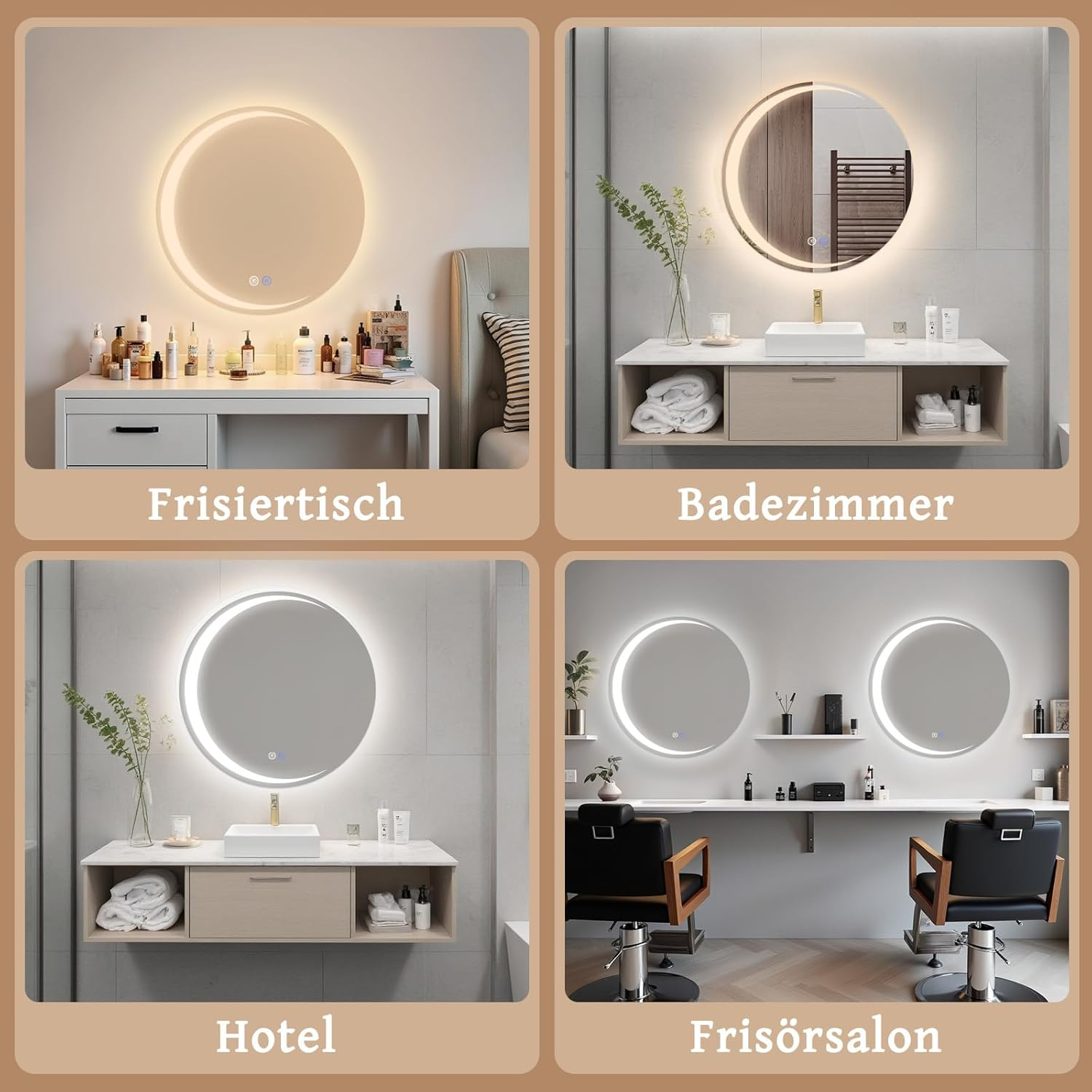 Cuatro escenas muestran modernos baños y peluquerías con espejos iluminados.