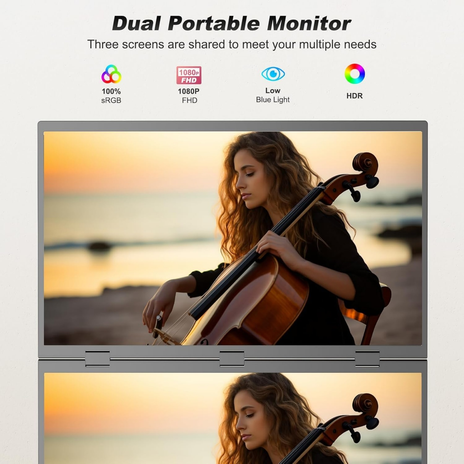 Frau spielt Cello am Strand bei Sonnenuntergang. Duale Bildschirme.