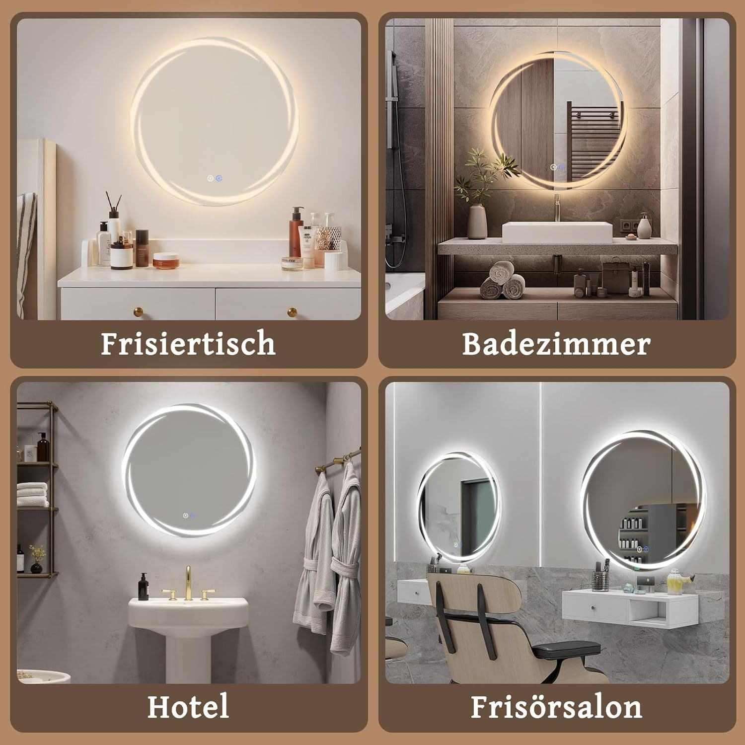 Cuatro escenas de baño con espejos iluminados: tocador, baño, hotel, peluquería.