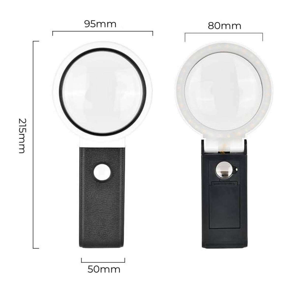 Zwei Lupen nebeneinander: Links eine ohne Licht, rechts eine mit LED-Beleuchtung.