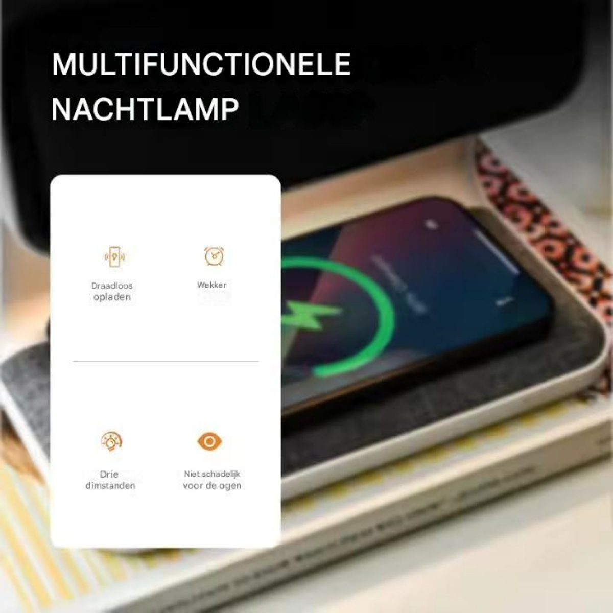 Multifunktionale Nachttischlampe mit kabellosem Laden, Wecker, drei Dimmstufen.