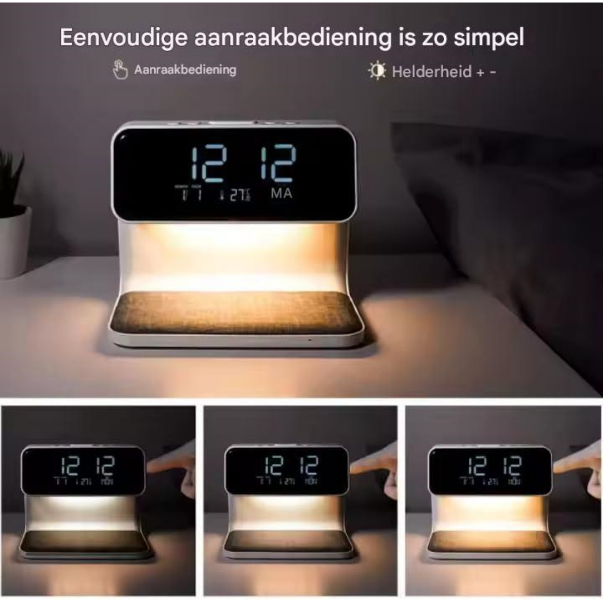 Digitaluhr mit Nachttischlampe und Ladefunktion, berührungsempfindlich.