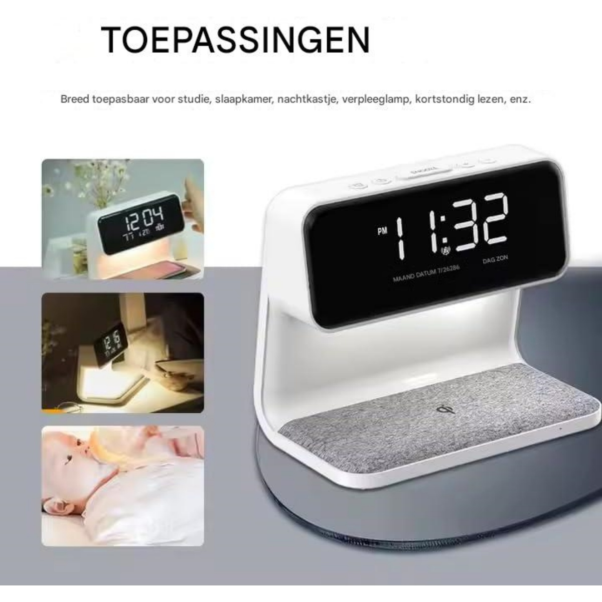 Moderner digitaler Wecker mit kabelloser Ladestation und Baby.