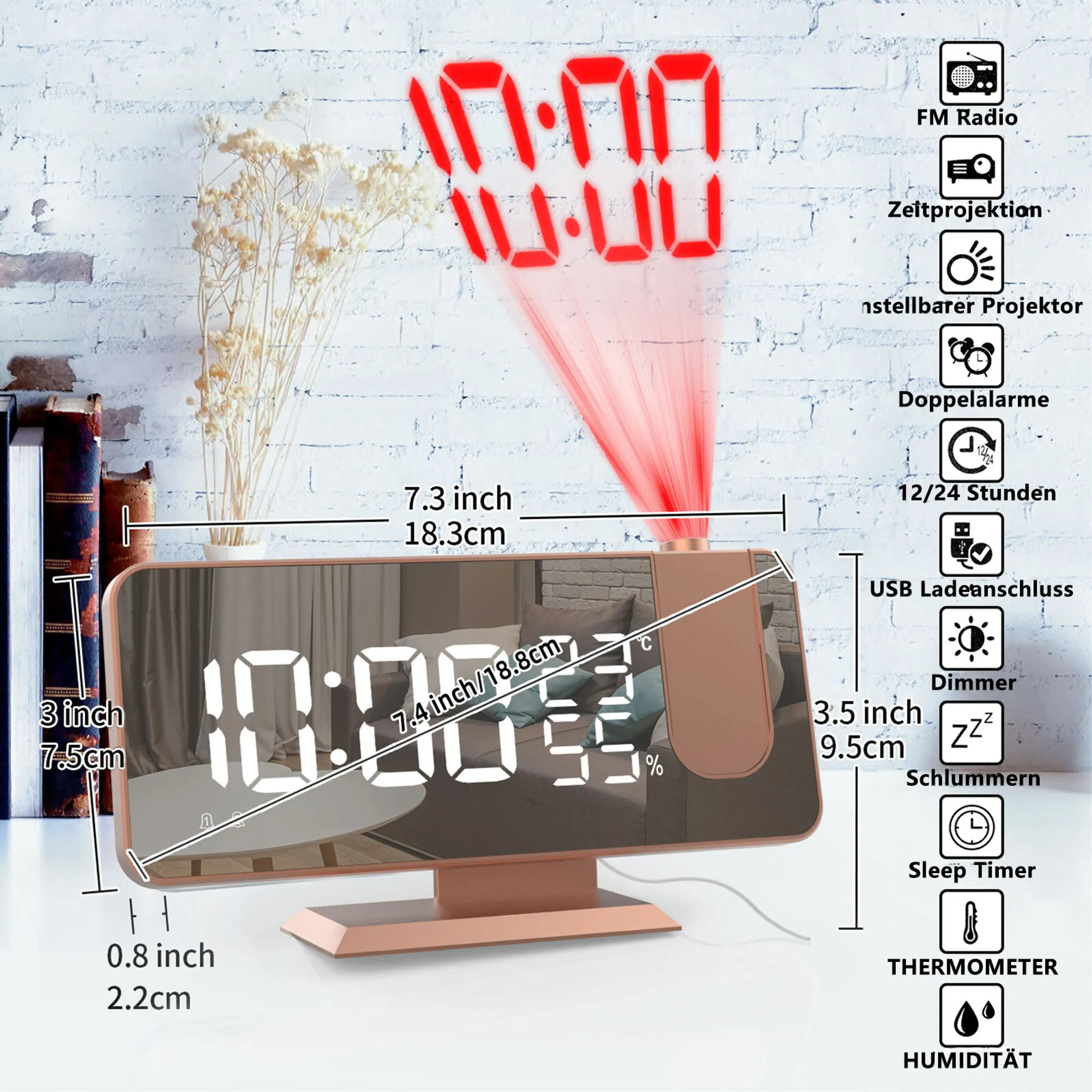 Digitaluhr mit roter Projektion der Zeit 10:00 auf eine weiße Ziegelwand.