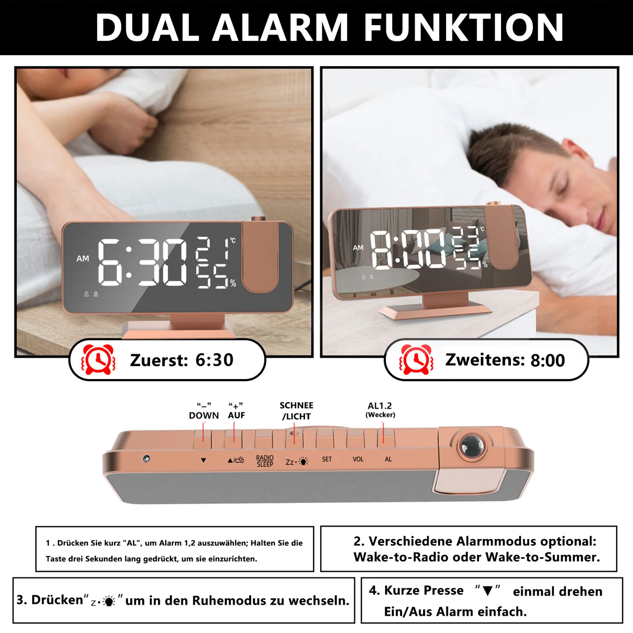 Digitaler Wecker mit zwei Alarmen: 6:30 und 8:00. Anzeige von Zeit, Temperatur und Luftfeuchtigkeit.