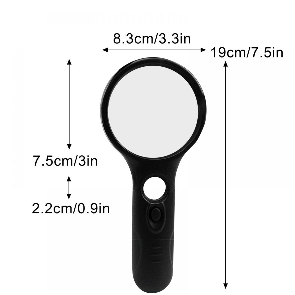 Schwarze Lupe mit Maßen: 8,3 cm breit, 19 cm lang, 7,5 cm und 2,2 cm hoch.