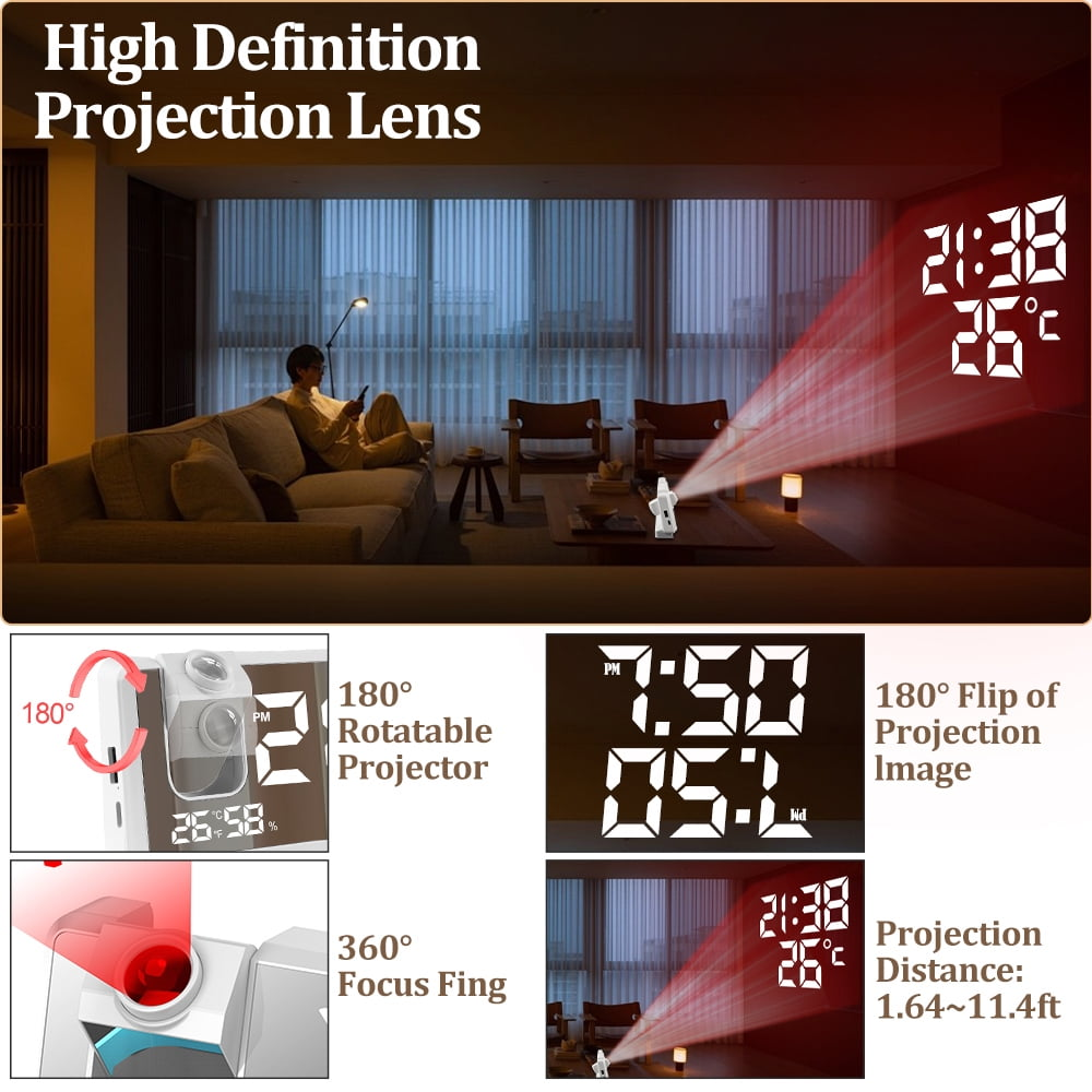 Ein digitaler Projektionswecker zeigt Zeit und Temperatur an einer Wand an.