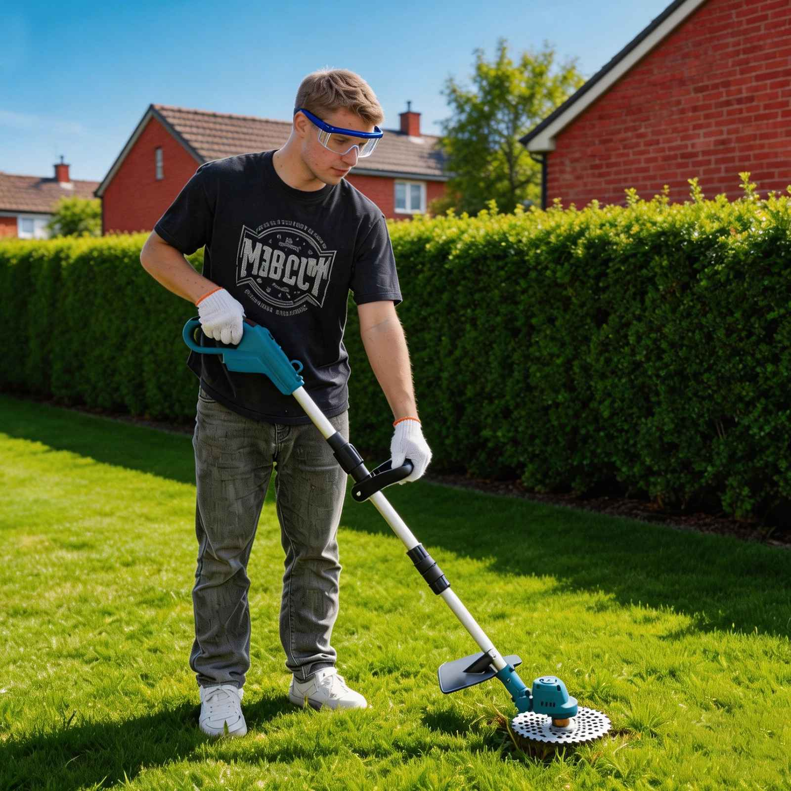 Ein Mann trimmt den Rasen mit einem grünen Trimmer, trägt Schutzbrille und Handschuhe.