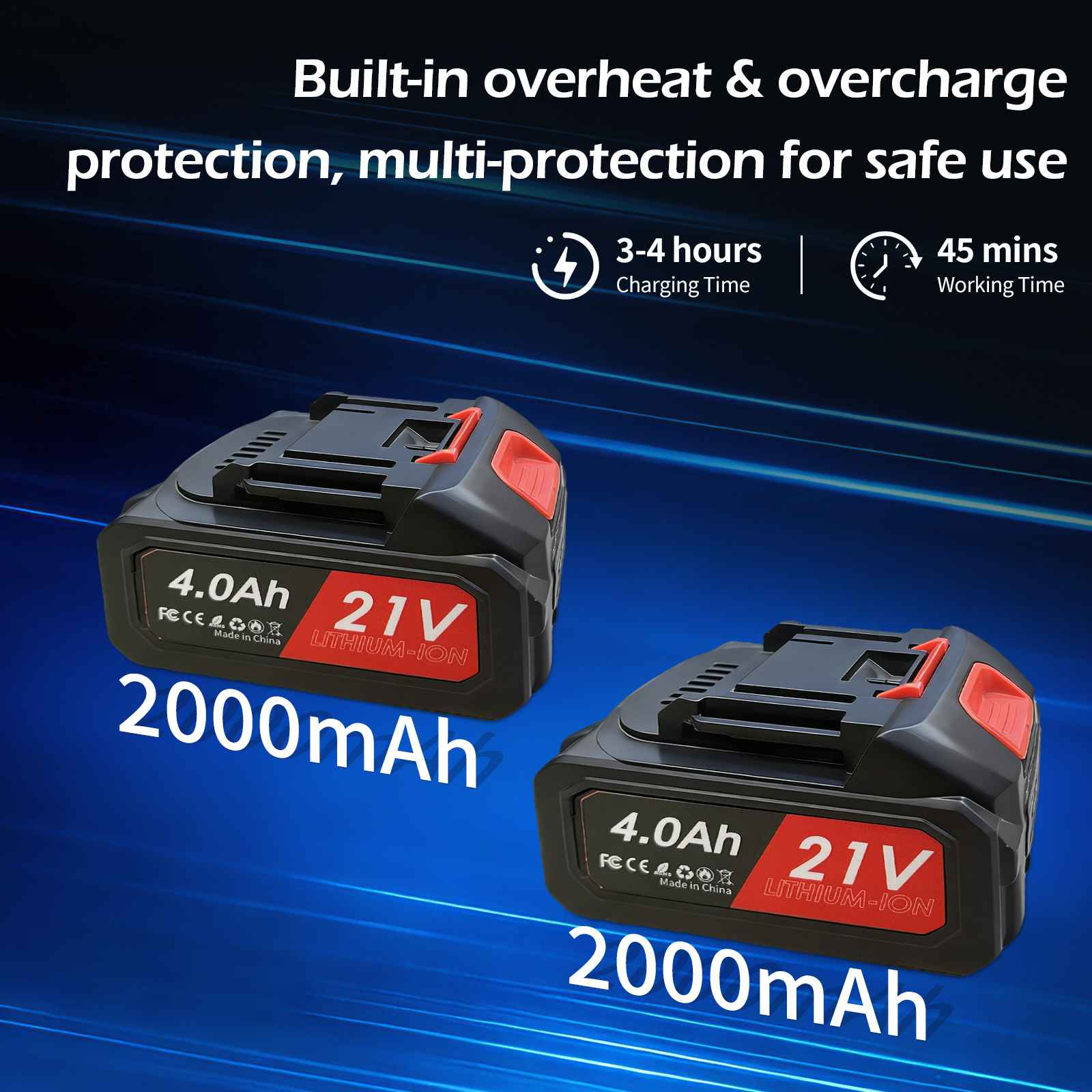 Zwei schwarze 21V 4.0Ah Lithium-Ionen-Akkus mit roter Akzentuierung, 2000mAh.