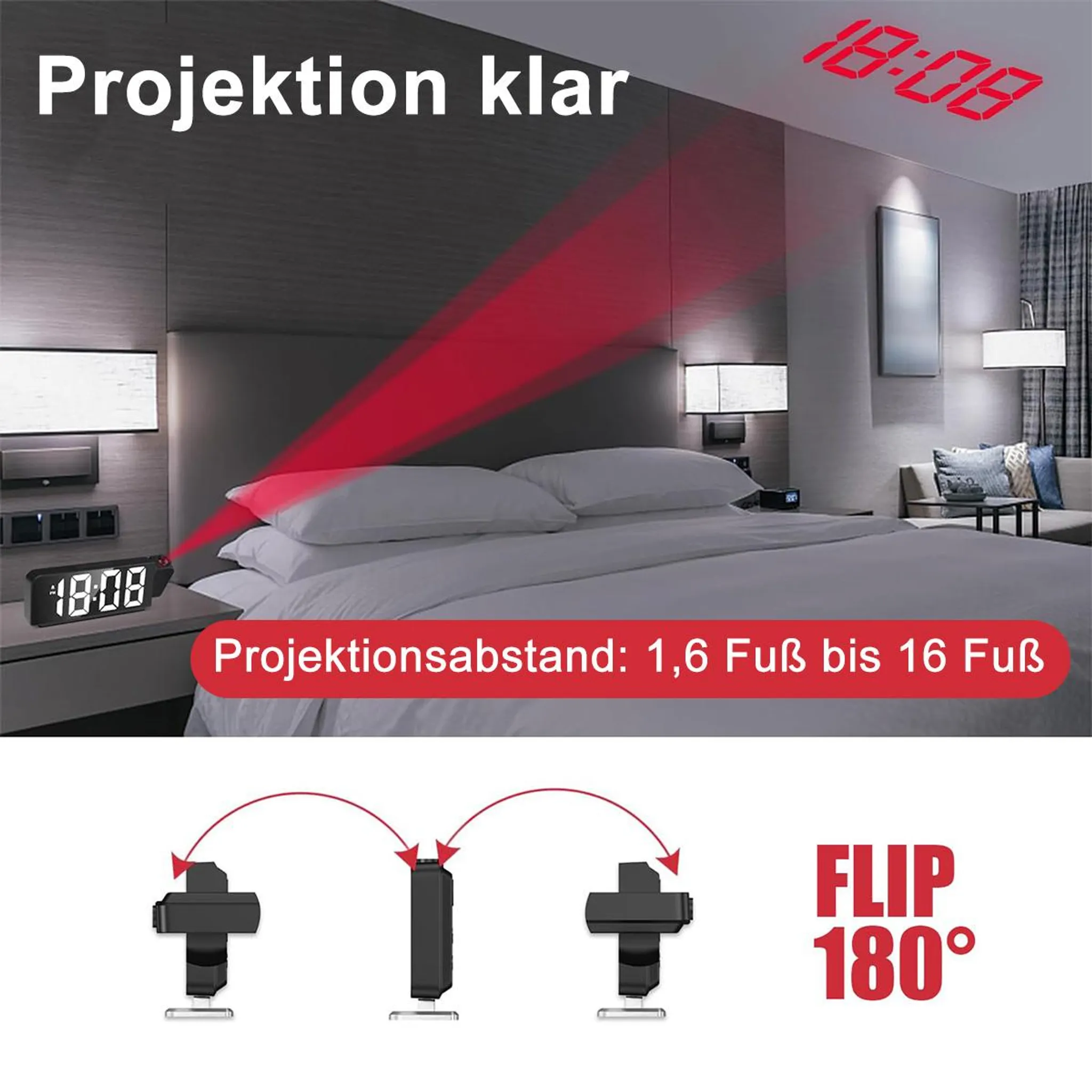 Digitaluhr projiziert 18:08 auf Decke und Wand in einem Schlafzimmer.