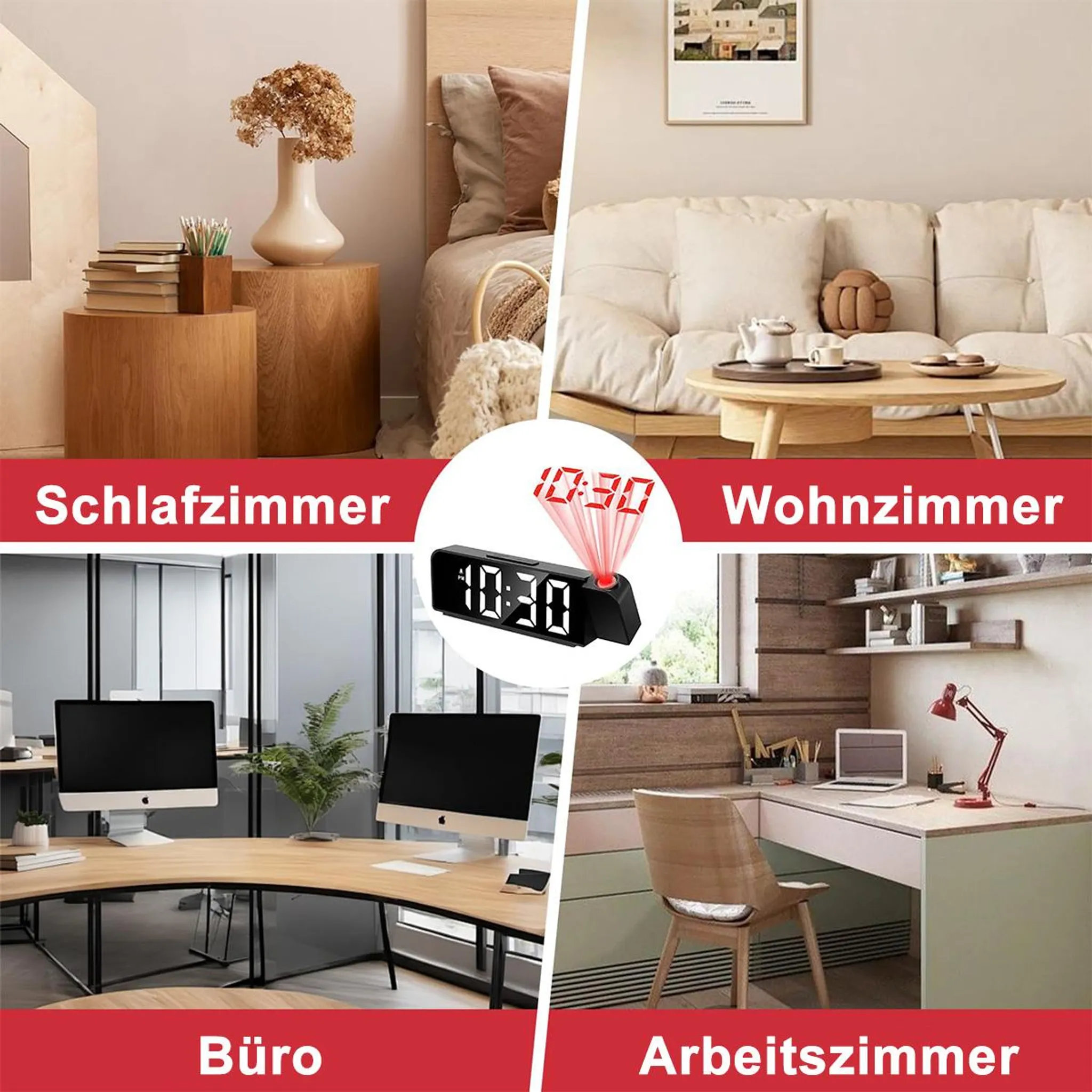 Vier Räume: Schlafzimmer, Wohnzimmer, Büro, Arbeitszimmer mit Projektionswecker.