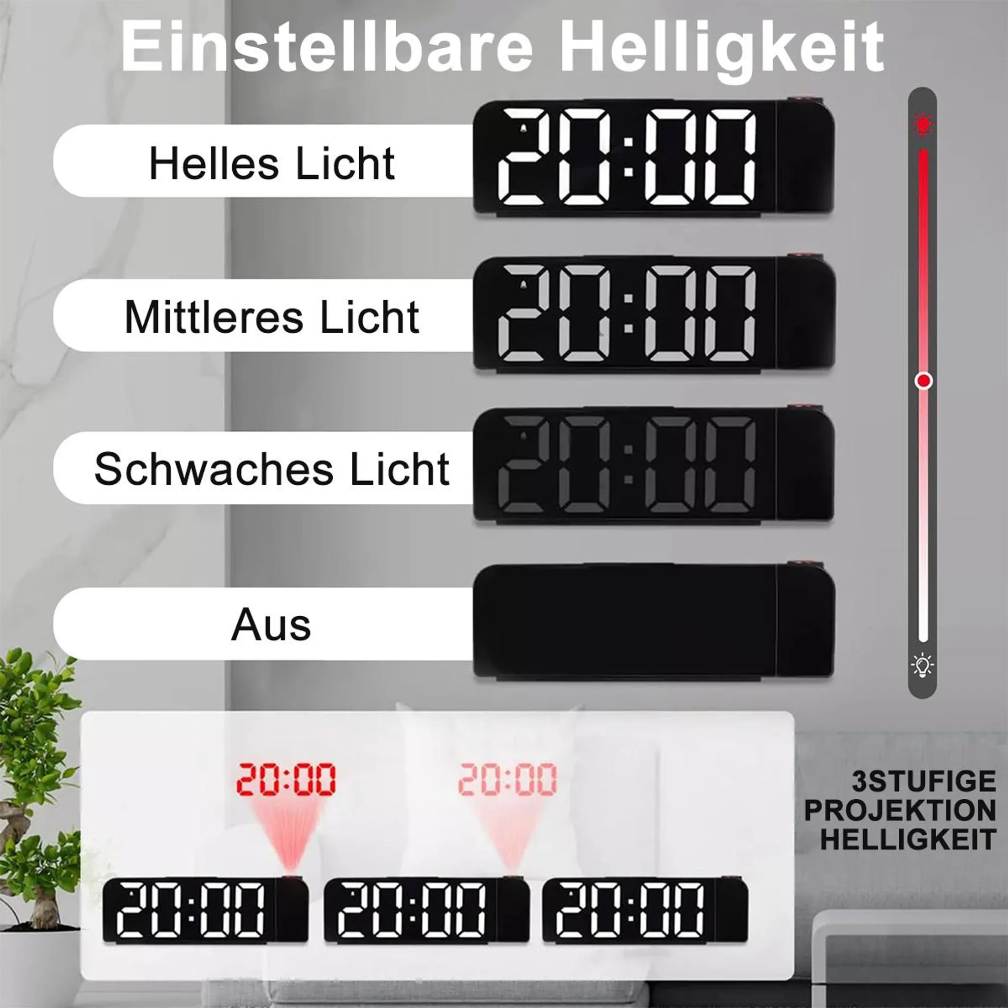 Digitaluhr mit einstellbarer Helligkeit und Projektion, zeigt 20:00.