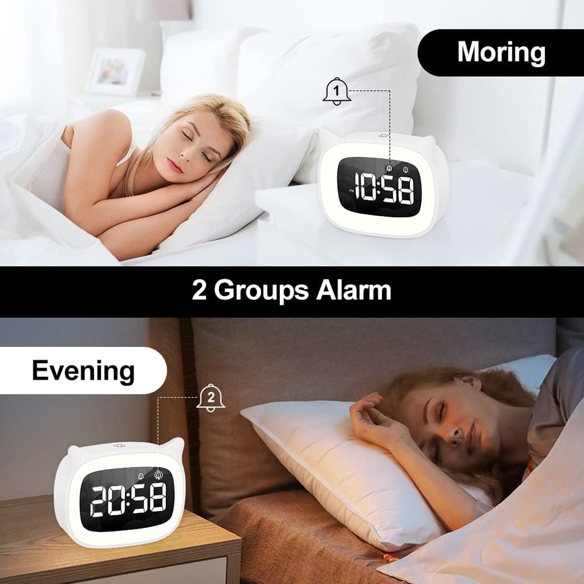 Frau schläft neben einem digitalen Wecker, der morgens 10:58 Uhr anzeigt.